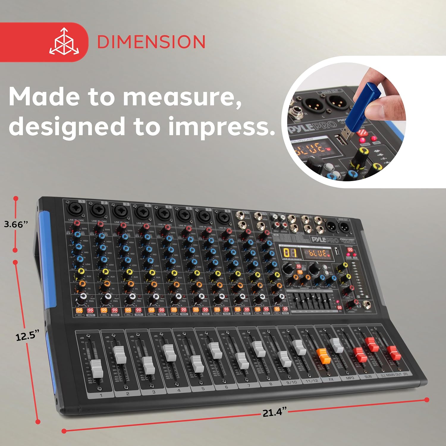Pyle 12-Channel Console Style Audio Mixer with Bluetooth - DJ Sound Controller, 8 XLR / Combo Inputs, Sub Out, +48V Phantom, USB-A In, 16 DSP Effects, MP3 Player, 7-Band EQ - PMXU128BT