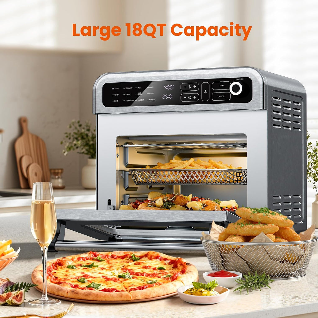 Electactic 18QT Air Fryer Toaster Oven Combo, 12-in-1 Large Convection Airfryer Oven with 70–450℉ Temperature Control & 60-Minute Timer, Bake, Roast & Broil, Fits 8-10″ Pizza, Stainless Steel (Silver)