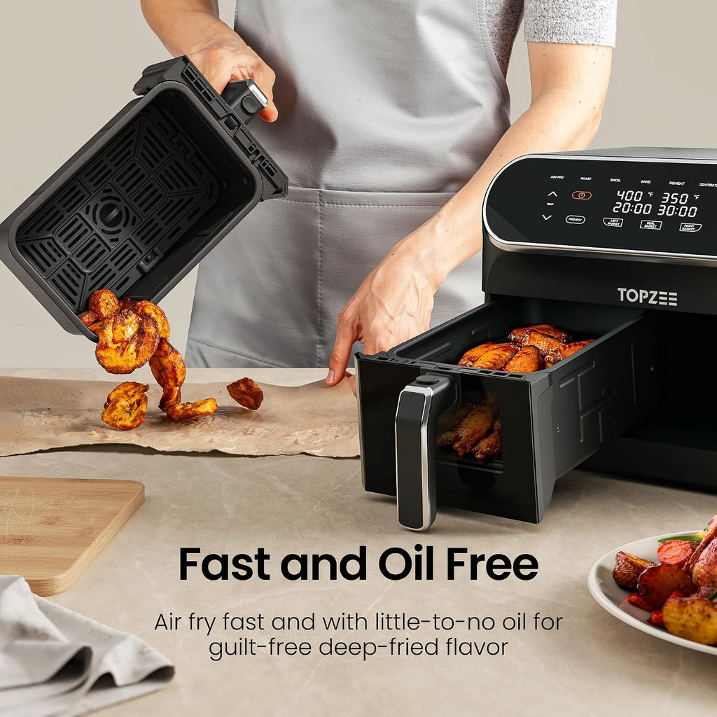 Topzee 8QT Dual Basket Air Fryer – Large 8-Quart Air Fryer with Independent Temperature Control, 8 Preset Functions, Match & Finish Together Mode, Clear Viewing Windows, Black