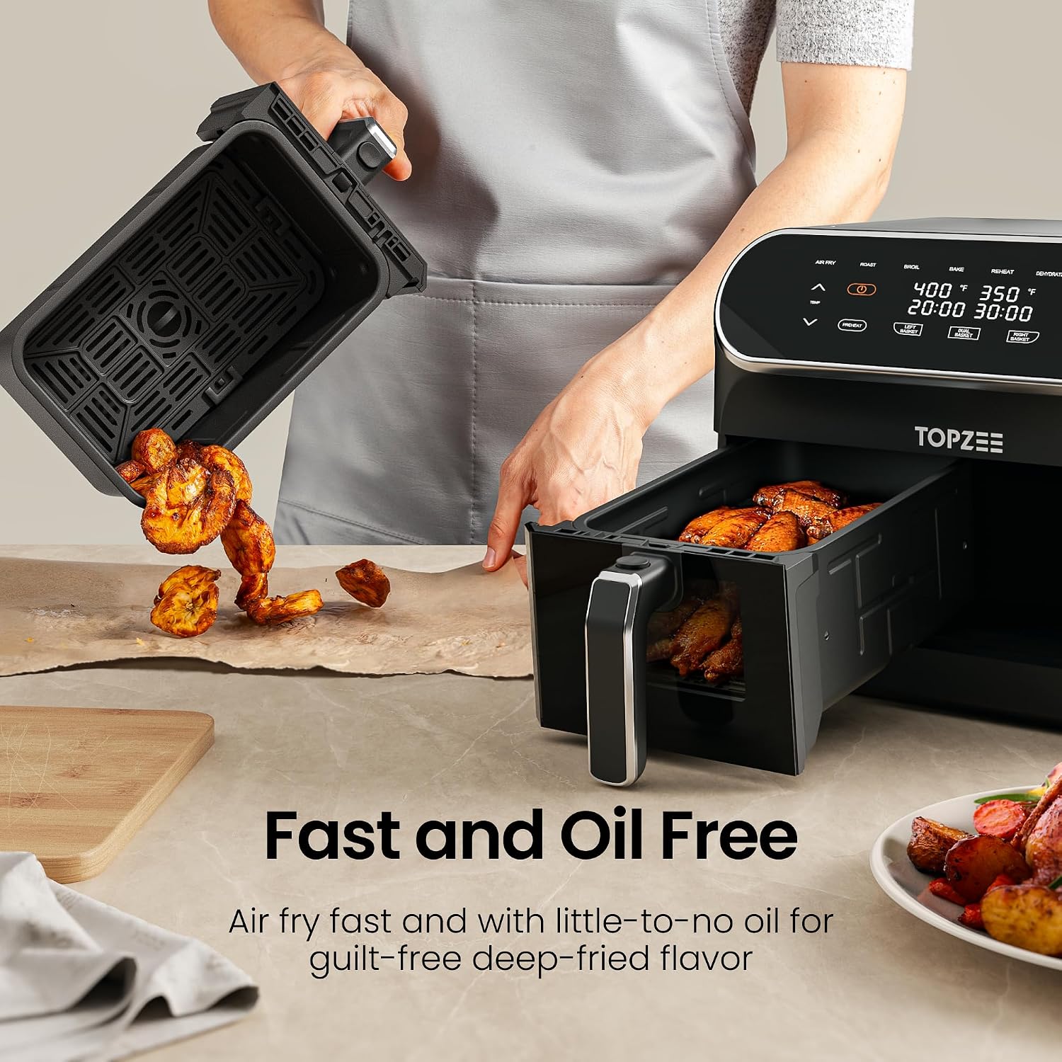 Topzee 8QT Dual Basket Air Fryer – Large 8-Quart Air Fryer with Independent Temperature Control, 8 Preset Functions, Match & Finish Together Mode, Clear Viewing Windows, Black