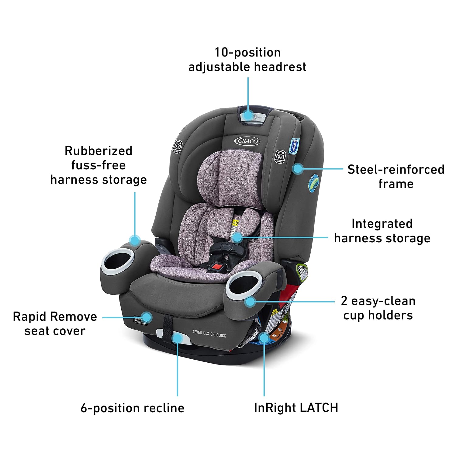 Graco 4Ever DLX SnugLock 4 in 1 Car Seat | Infant to Toddler Car Seat, with 10 Years of Use | Featuring Easy-Install SnugLock Technology, Leila , 21x19x24.5 Inch (Pack of 1)