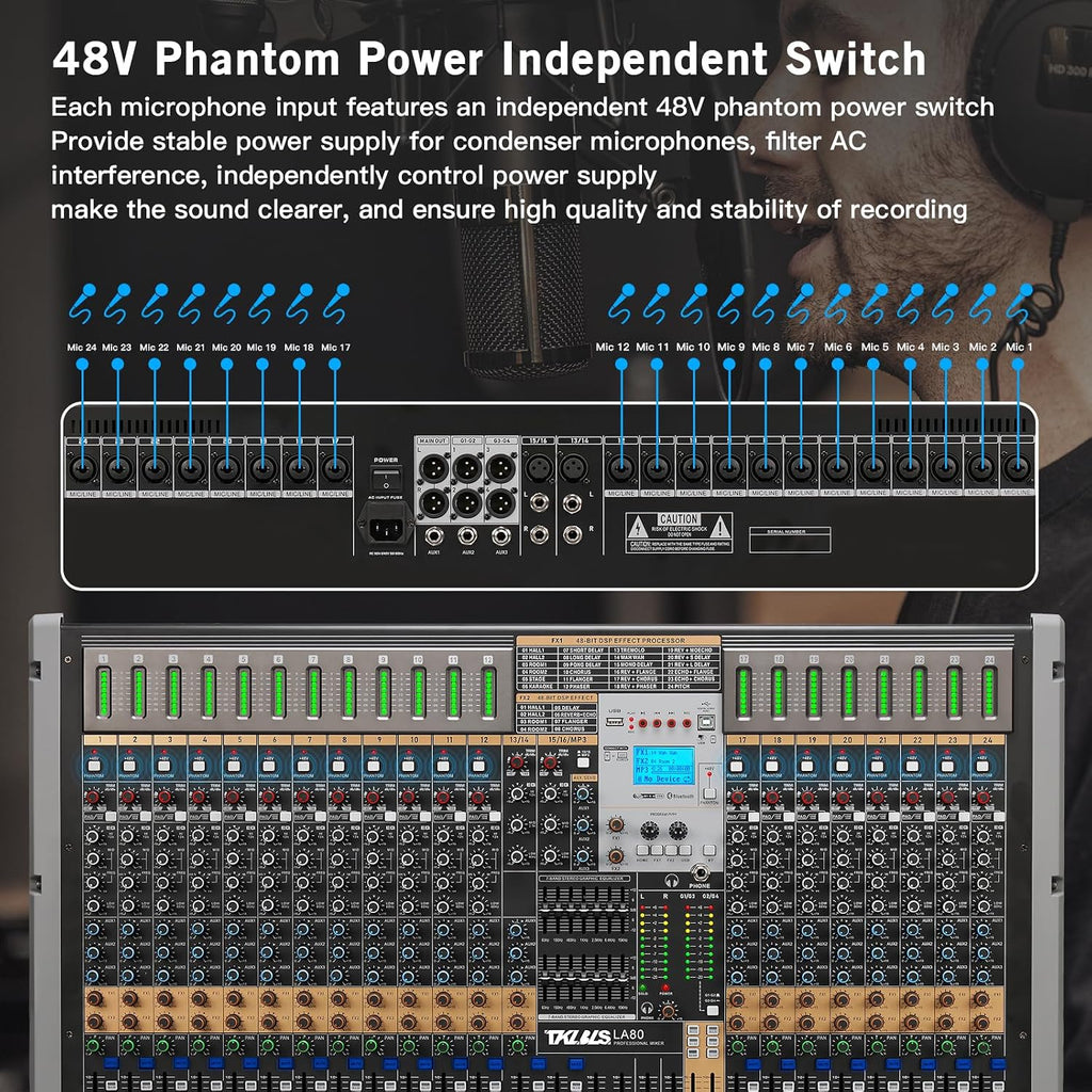 24 Channel Multi-Input Audio Mixer, High Capacity Mixing Console with USB Interface, 99 DSP Effects, 48V Phantom Power, XLR Inputs for Complex Audio Setup