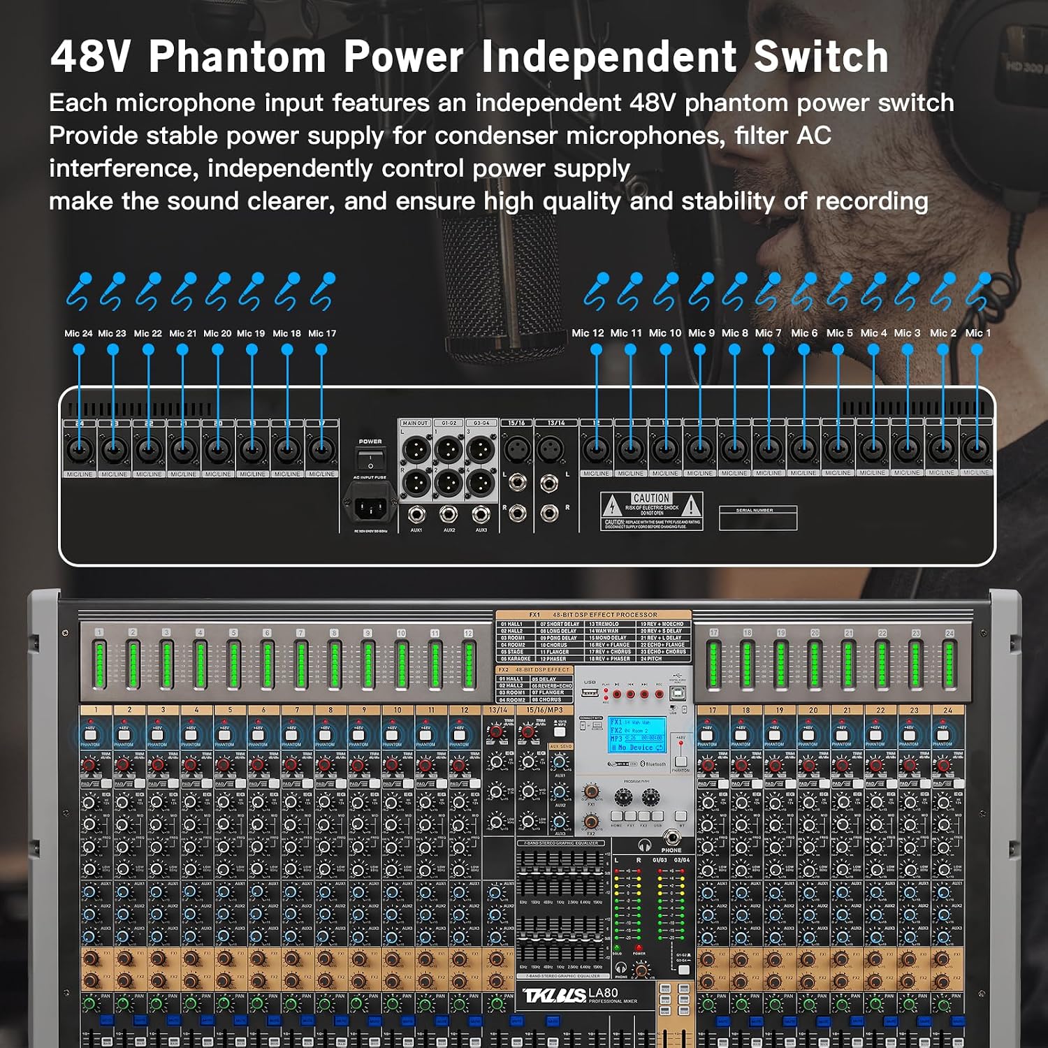 24 Channel Multi-Input Audio Mixer, High Capacity Mixing Console with USB Interface, 99 DSP Effects, 48V Phantom Power, XLR Inputs for Complex Audio Setup