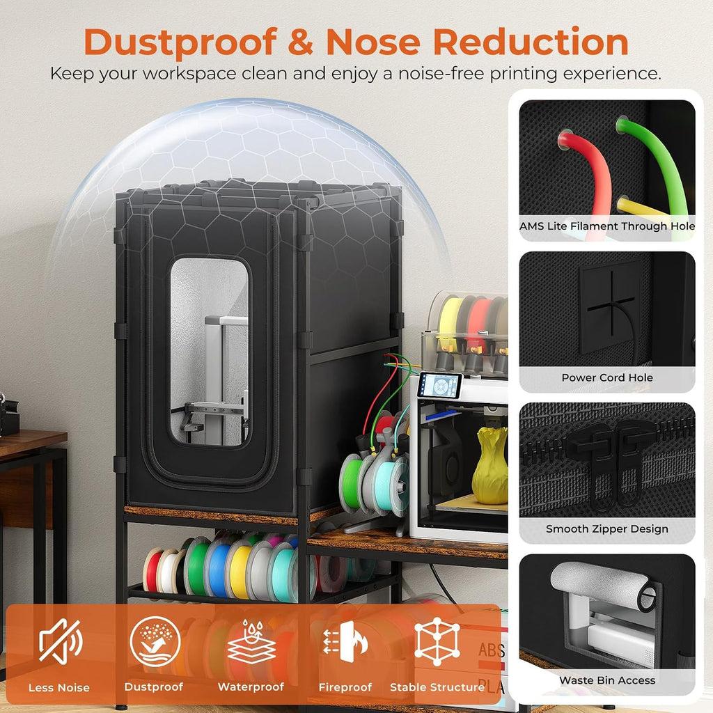 ikkle 3D Printer Cabinet with Dustproof & Noise Reducing Enclosure — Heavy Duty Filament Storage Stand with Protective Cover for Home Office, Studio Workshop