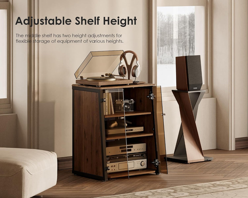 FITUEYES Design 4-Tier Media Stand with Brown Glass Doors Audio Rack with Adjustable Shelves Stereo Cabinet Protection Equipment for Vinyl Record Player Stereo Receivers Audio Gear, Eiffel Series