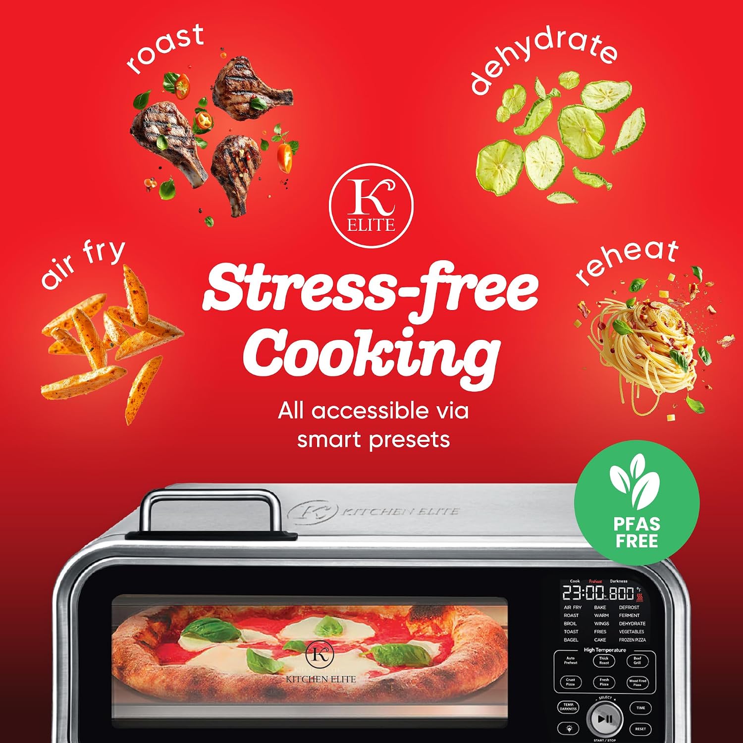 Kitchen Elite 15 in 1 Digital Toaster Oven Air Fryer Combo with Touch Panel and 12 Inch Pizza Capacity, Stainless Steel, Silver