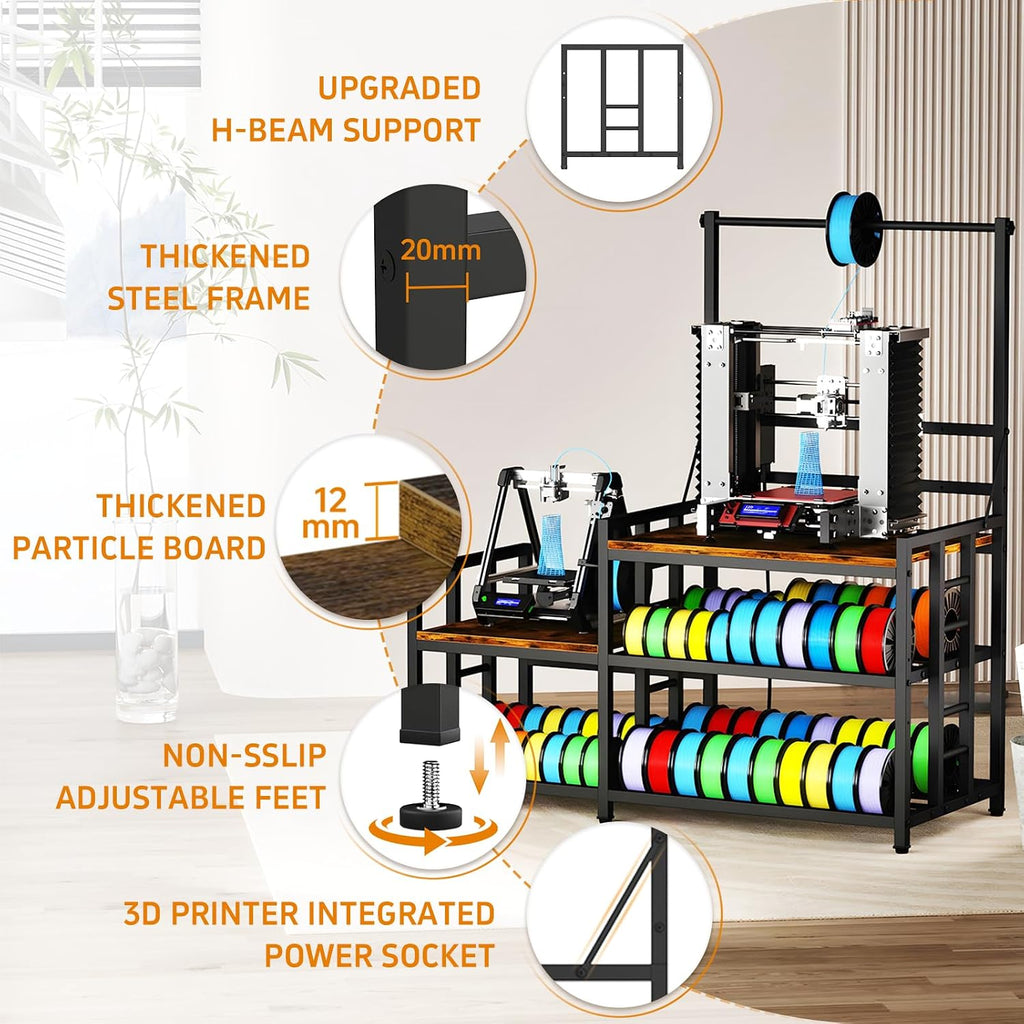 3D Printer Table with Filament Storage 3D Printer Stand with Power Outlet,Heavy Duty 3D Printer Desk for ABS, PLA, TPU Filament Spools, Home Offices and Studios Retro Brown