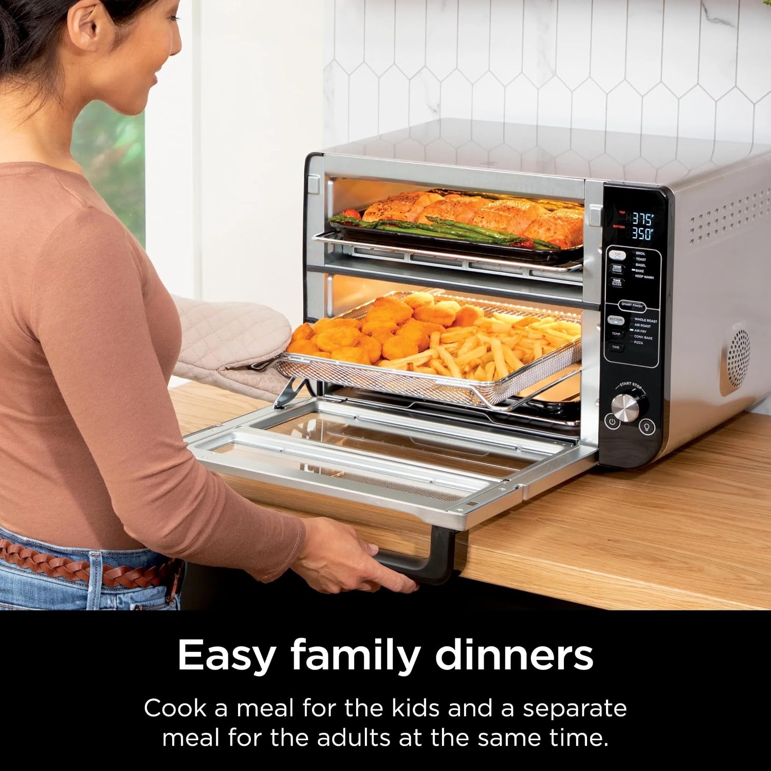 Ninja DCT400 10-in-1 Double Oven with FlexDoor, FlavorSeal & Smart Finish, Rapid Top Convection and Air Fry Bottom, Bake, Broil, Air Roast, Toast, Air Fry, Pizza and More, Stainless Steel (Renewed)