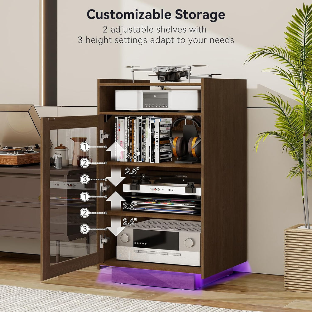 ELECWISH Media Cabinet with Tempered Glass Door, 5-Tier Stereo Cabinet with Adjustable Shelf, Media Stand with LED Light, AV Rack with Cable Management, Brown