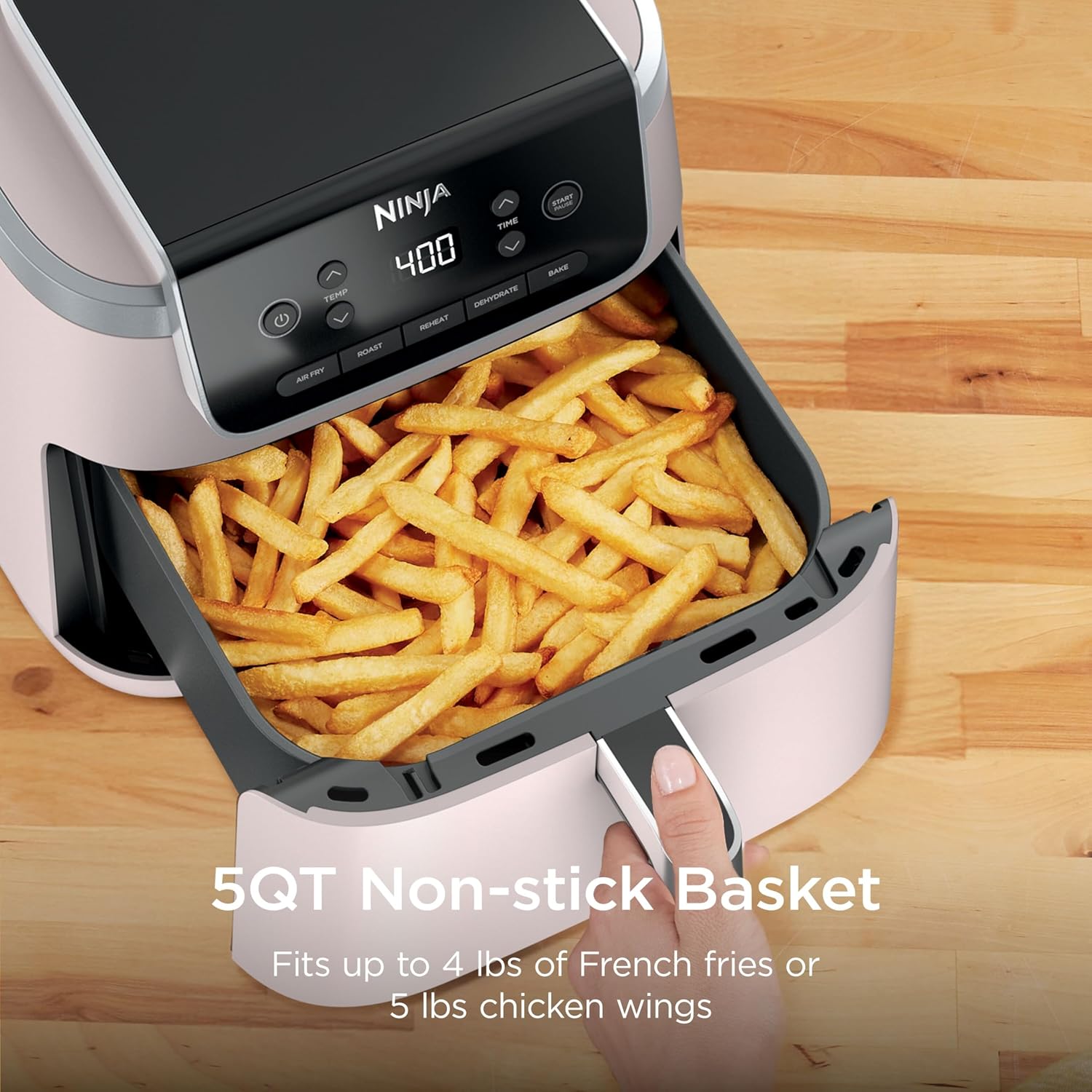 Ninja Air Fryer Pro 5-in-1 | 5 QT Capacity, Air Fry, Bake, Roast, Reheat, and Dehydrate, Air Crisp Technology | Nonstick Basket & Crisper Plate | Light Pink | AF142PK