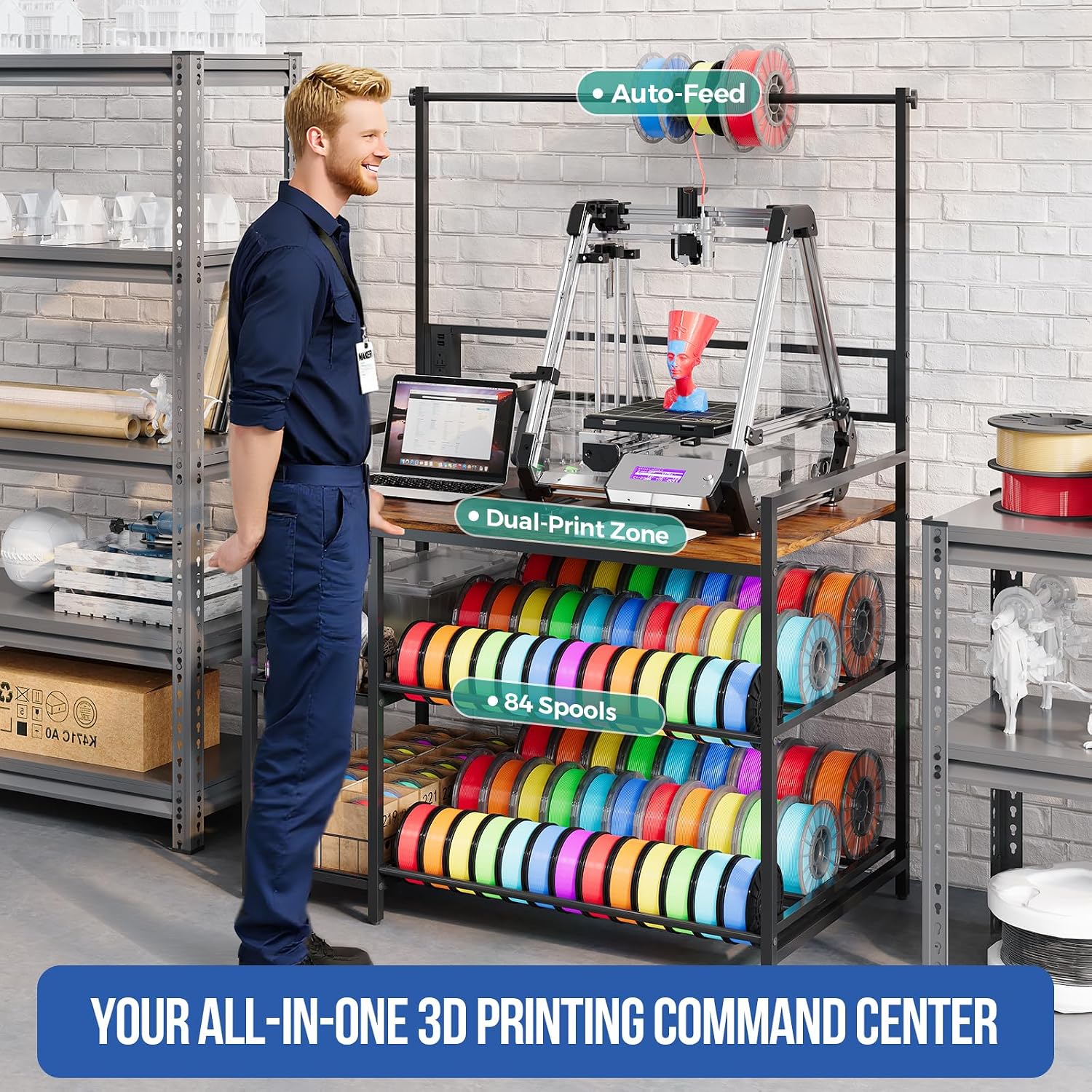 HavenlyYouth 3D Printer Stand with Filament Storage, 41' x 23.6' x 57.4' Large 3D Printer Table with 1 Charging Station, Heavy Duty Printer Shelf with Spools Holder Racks and Storage Baskets