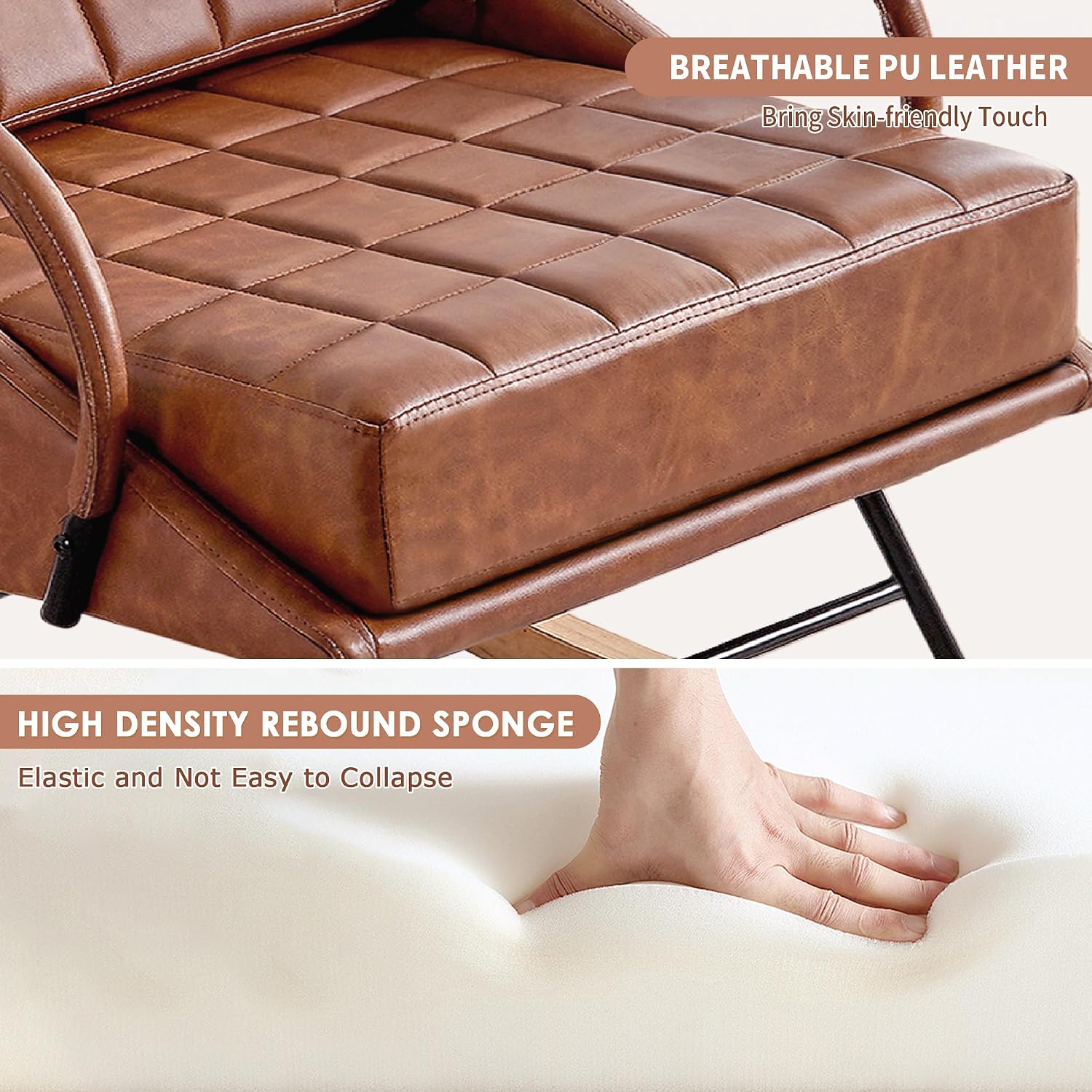 VECELO Rocking Chair Nursery, Oversize Leather Glider Rocker with Padded Cushion, Upholstered Removable High Back, Brown