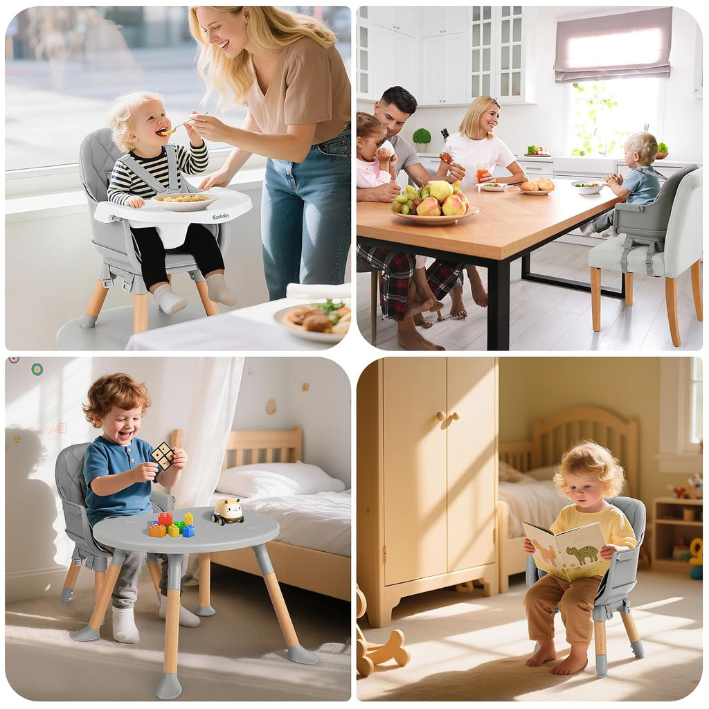 Ezebaby 8-in-1 Baby High Chair, Convertible High Chair for Babies and Toddlers/Booster Seat/Toddler Chair/Table & Chair Set/Kids Stool, Wood Highchair with Removable Tray, Seatbelt, PU Cushion (Gray)