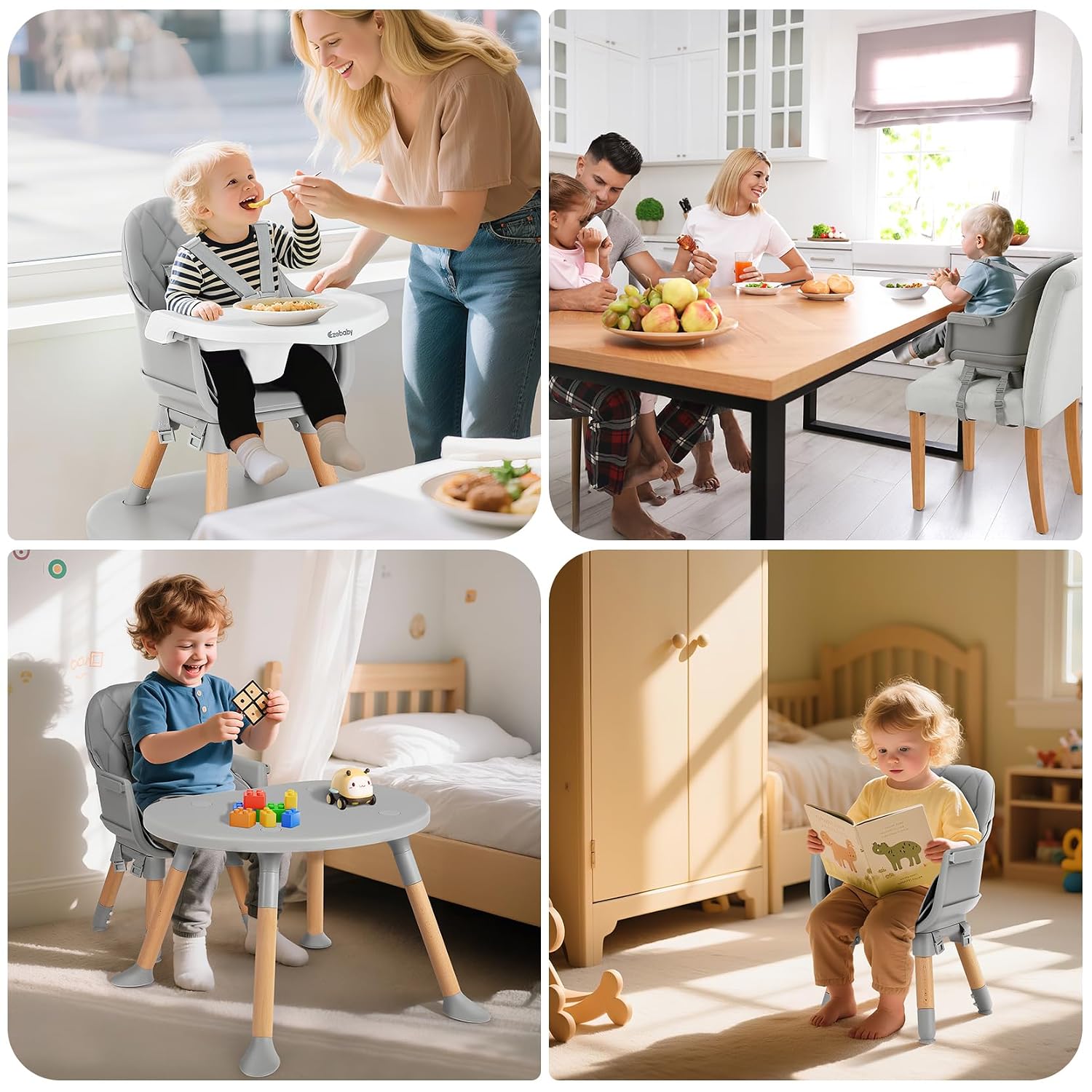 Ezebaby 8-in-1 Baby High Chair, Convertible High Chair for Babies and Toddlers/Booster Seat/Toddler Chair/Table & Chair Set/Kids Stool, Wood Highchair with Removable Tray, Seatbelt, PU Cushion (Gray)