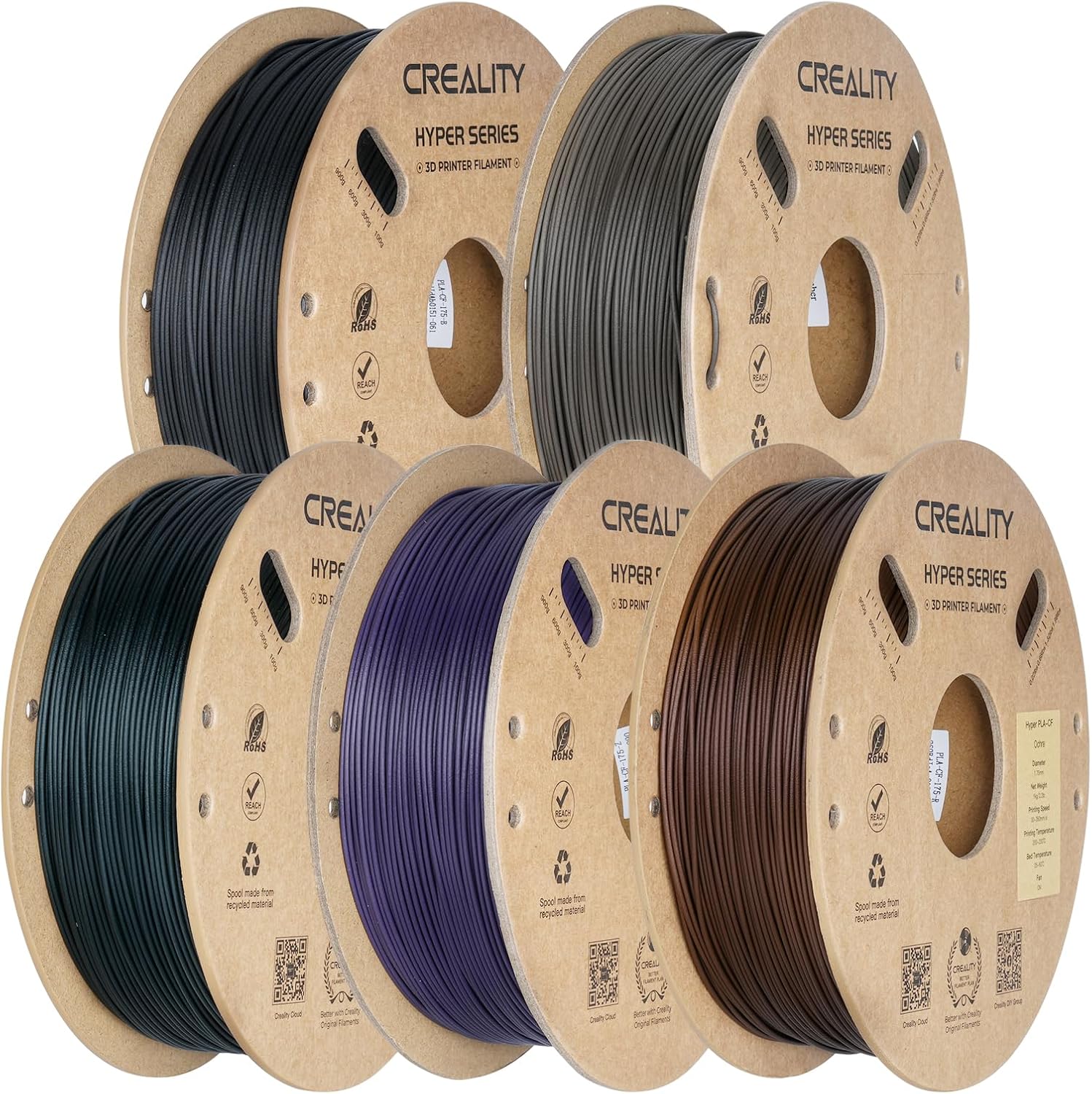 Creality Carbon Fiber Filament 1.75mm Bundle 5KG for K1C, 3D Printer Hpyer PLA-CF Filament Bundle for High Speed 50-300mm/s, Black+Dark Green+Greyish Yellow+Ochre+Purple