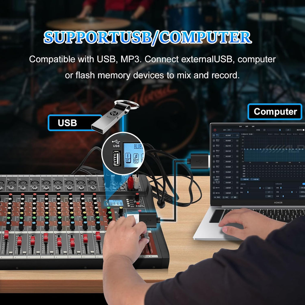 FULUODE 12 Channel Mixer Audio Console, CT-120S Professional Music Mixer DJ Mixing Board with Reverb Bluetooth MP3 Player 48V Phantom Power Supply USB Recording for Studio Karaoke Live Performance