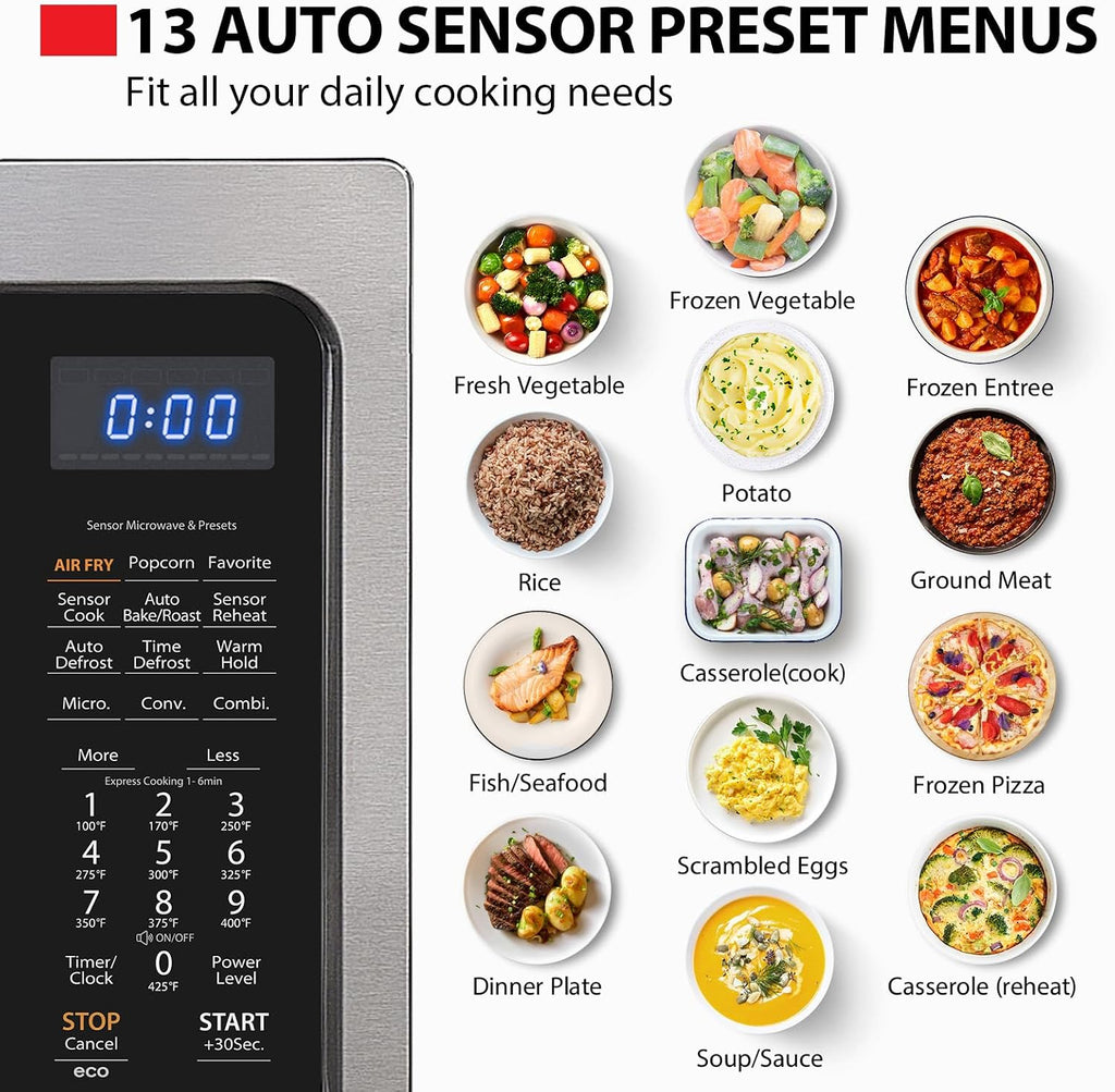 Toshiba Air Fryer Combo 4-in-1 Countertop Microwave Oven, Smart Sensor, Convection, Mute Function, Position Memory 13.6' Turntable, 1.5 Cu Ft, 1000W, Black, ML-EC42P(BS)