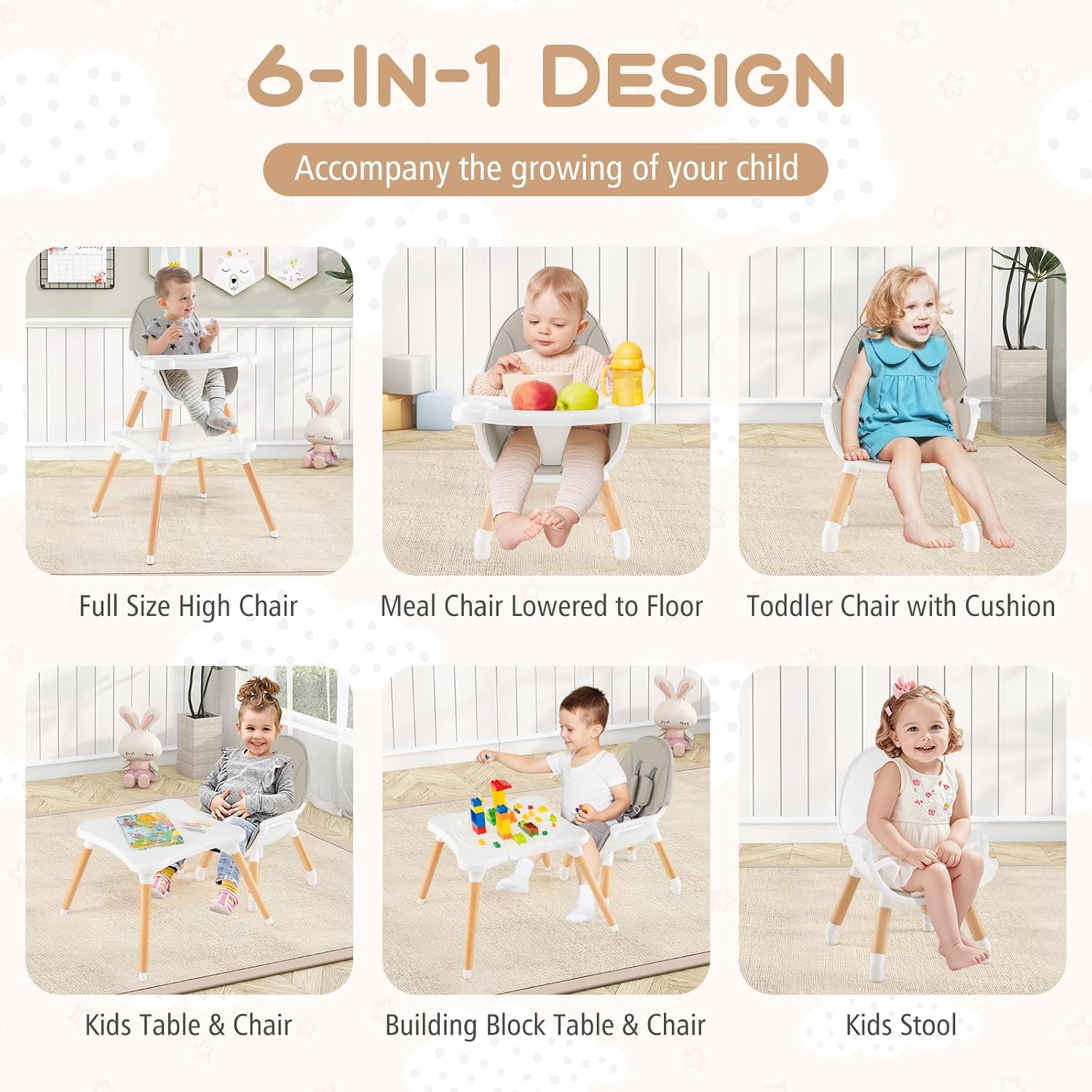 HONEY JOY Baby High Chair, 6-in-1 Convertible Wooden Highchair for Babies and Toddlers/Table Set/Toddler Chair with Safety Harness, 4-Position Removable Feeding Tray (Gray)