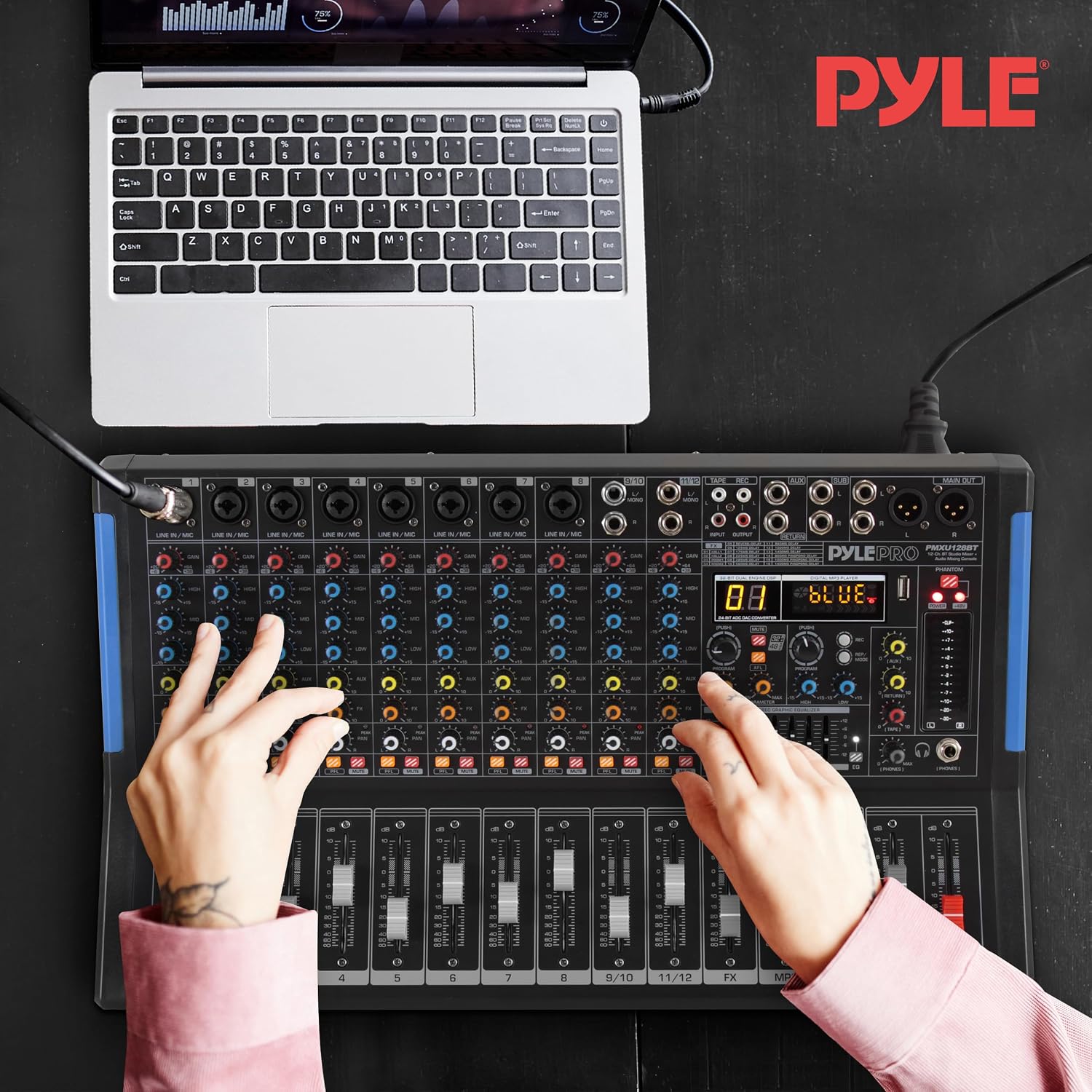 Pyle 12-Channel Console Style Audio Mixer with Bluetooth - DJ Sound Controller, 8 XLR / Combo Inputs, Sub Out, +48V Phantom, USB-A In, 16 DSP Effects, MP3 Player, 7-Band EQ - PMXU128BT