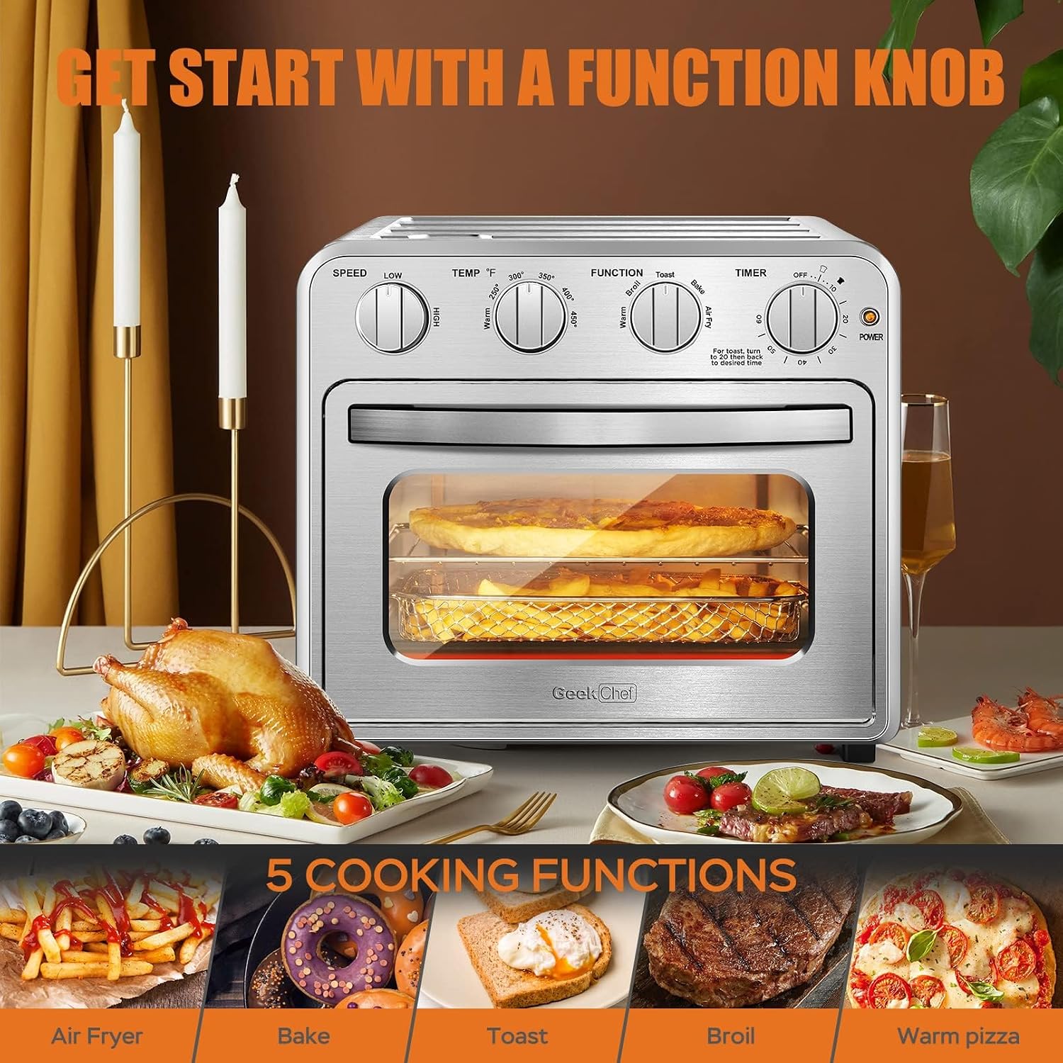 Geek Chef 16QT Air Fryer Toaster Oven, Convection Air Fryer Toaster Countertop Oven, with Bake, Toast, Broil and Warm Functions, Stainless Steel Electric Hot Oven Combo for Healthy Meals
