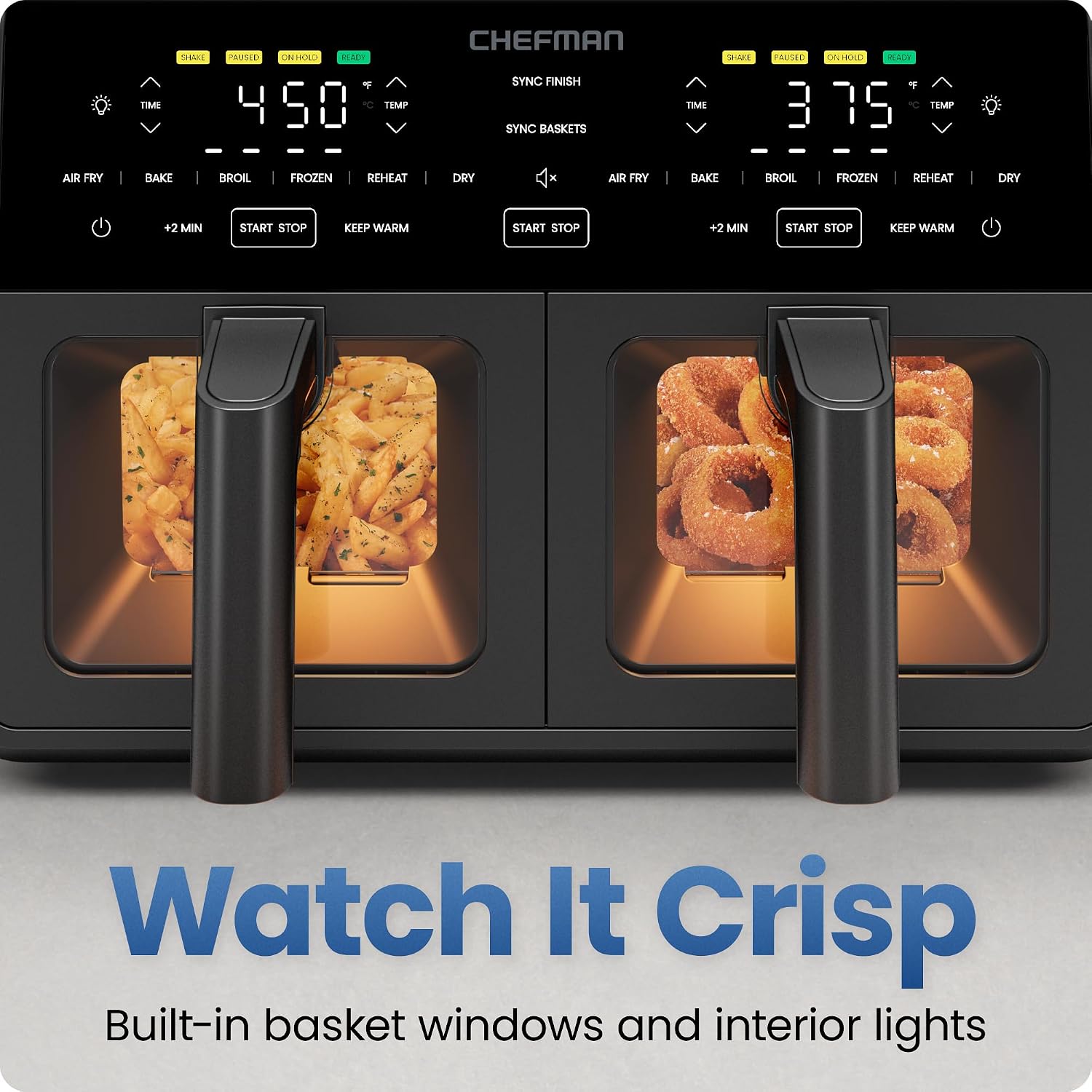 Chefman Dual Air Fryer Oven with DC Motor, 9 Qt. Double Basket Air Fryer with 450°F Max Temp for Meals in Minutes, Bake, Broil, Dehydrate, Reheat for Extra-Crispy Chicken, Fries, and More - Black