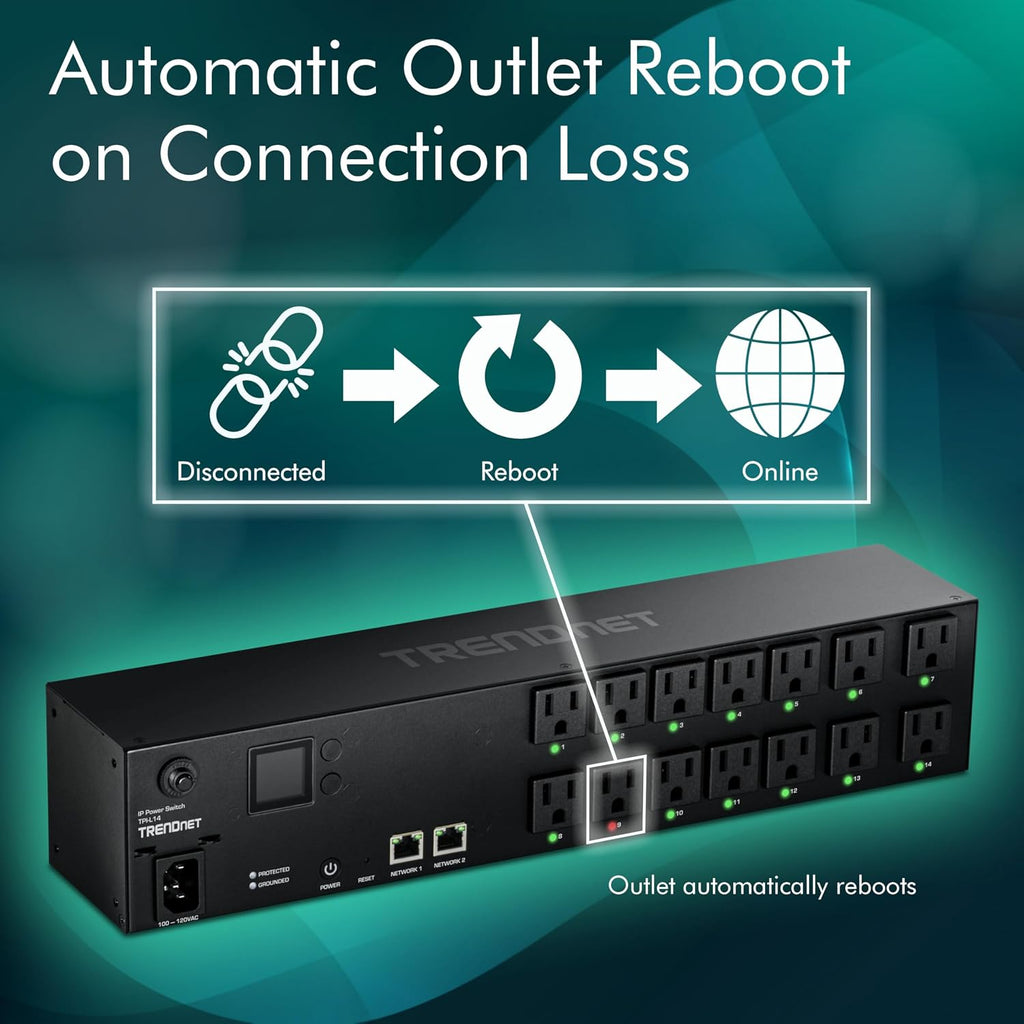 TRENDnet 14-Outlet Managed 2U Rackmount Switched Power Distribution Unit, TPI-L14, 14 x NEMA 5-15R Managed Power Outlets, 2 x Gigabit Ports, Remote Cloud Management PDU, NDAA & TAA Compliant