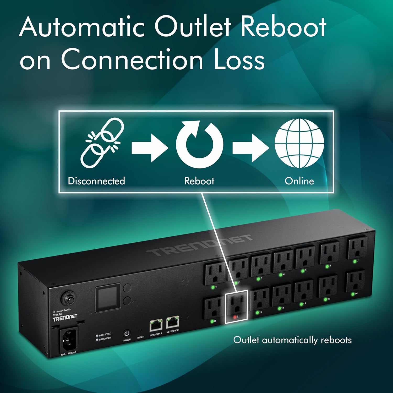 TRENDnet 14-Outlet Managed 2U Rackmount Switched Power Distribution Unit, TPI-L14, 14 x NEMA 5-15R Managed Power Outlets, 2 x Gigabit Ports, Remote Cloud Management PDU, NDAA & TAA Compliant