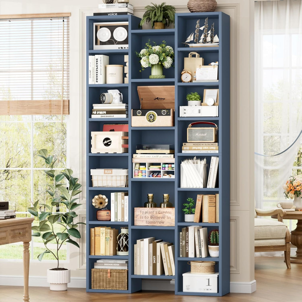FOTOSOK 71'' Tall Bookshelf with 21 Cubes, 8 Tier Triple Wide Bookshelf with 8 Adjustable Shelves, 35' Large Bookcase DVD/CD Media Tower Storage, Freestanding Display Shelf Cabinet, Blue