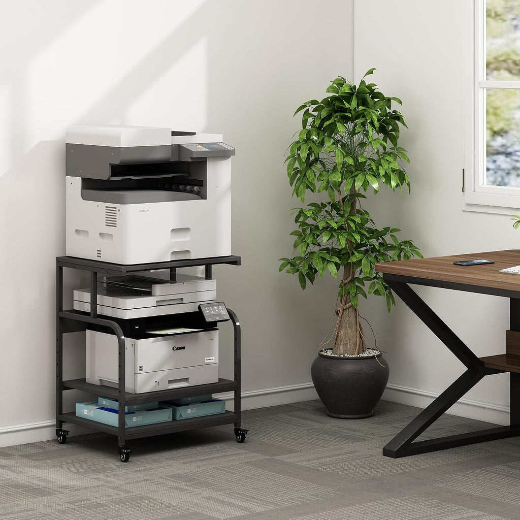 Fannova Printer Stand, 23.6 x18.9 x 30 Inches Large Printer Table with Adjustable Storage Shelf, 3 Tier Rolling Printer Cart with Wheels for Home Office, Stand for Heat Press Mini Fridge, Black