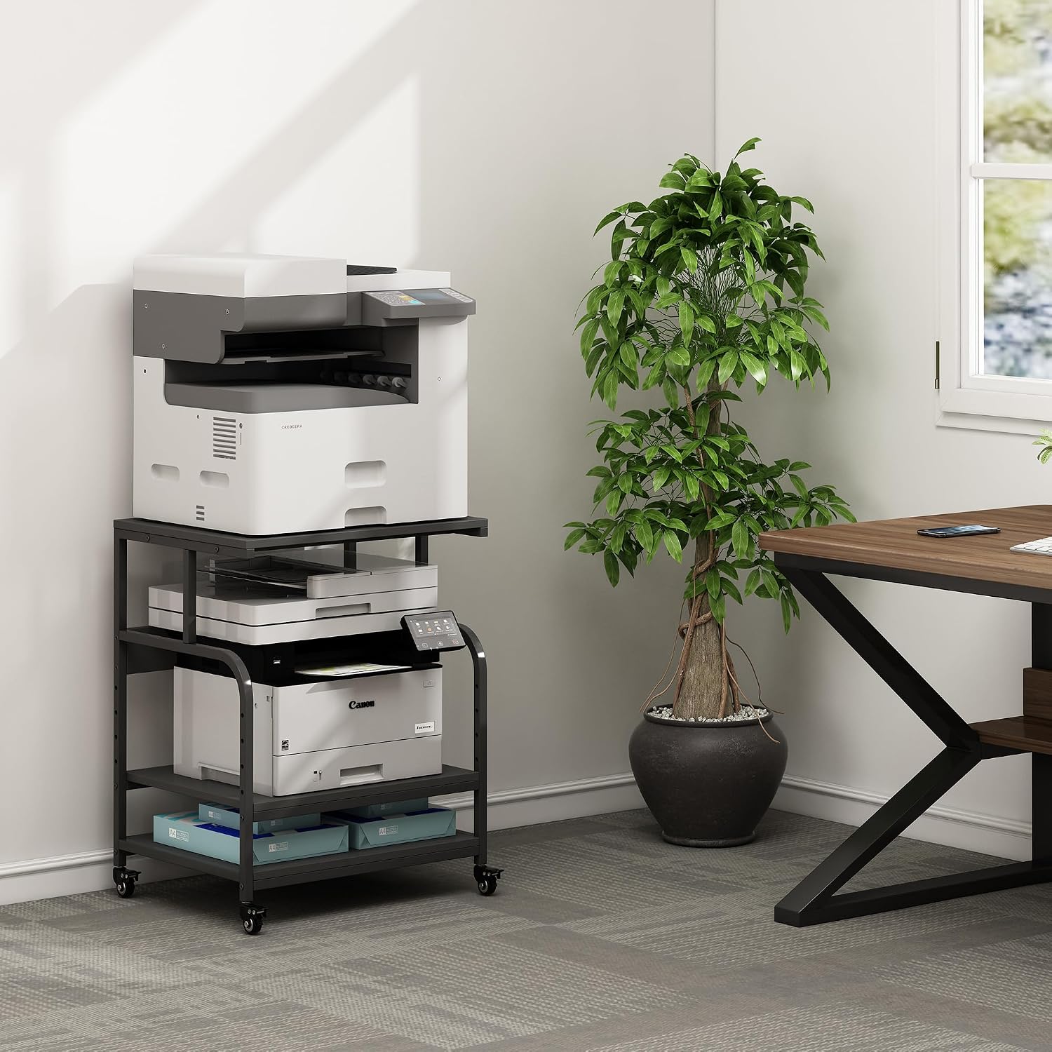 Fannova Printer Stand, 23.6 x18.9 x 30 Inches Large Printer Table with Adjustable Storage Shelf, 3 Tier Rolling Printer Cart with Wheels for Home Office, Stand for Heat Press Mini Fridge, Black