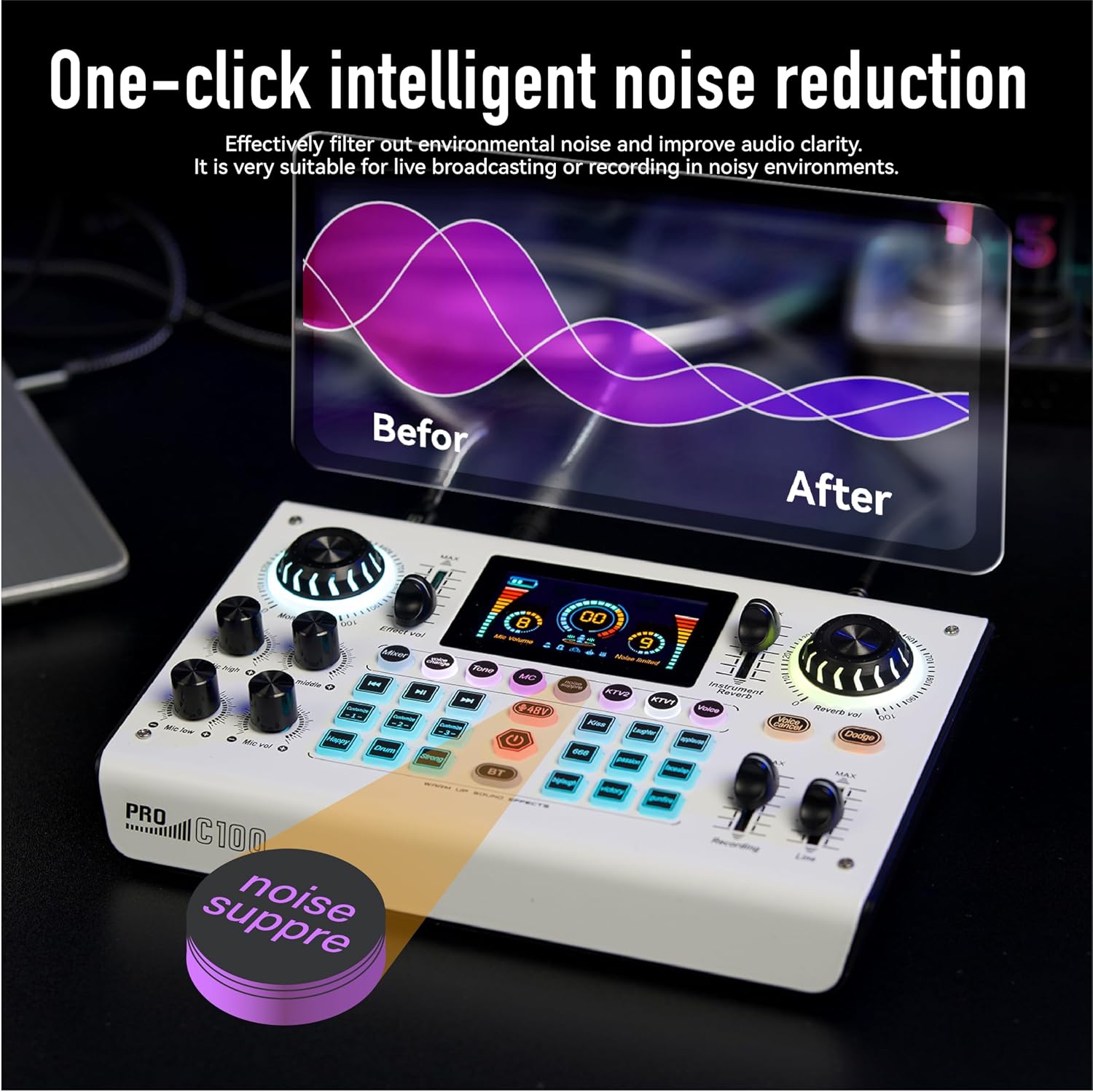 HICALL C100 PRO - P15 Mixing Console Sound Card Microphone Kit - Smart Noise Cancellation, Voice Effects, Long Battery, Cross-Platform