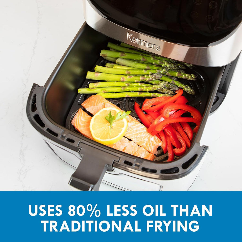 Kenmore Air Fryer - 8 quart aerogrill, non-stick frying basket, french fry, digital touch screen, 12 presets, freidora eléctrica, countertop cooking kitchen appliance, stainless steel, black