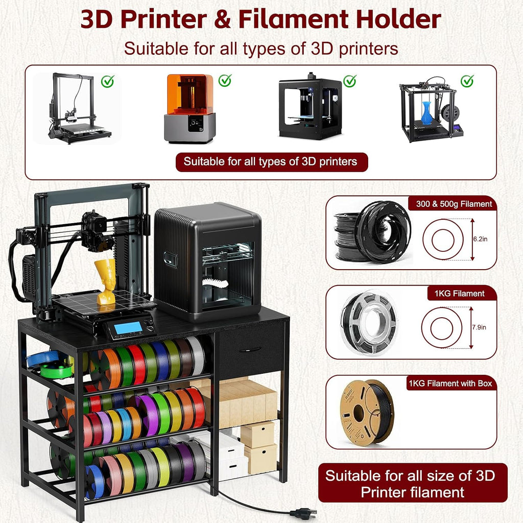 3D Printer Stand with Filament Storage Rack, Black 3D Printer Table with Power Outlet, 3-Tier Filament Holder with Drawer, 3D Printer Filament Stand Organized for Office Workshop Studio