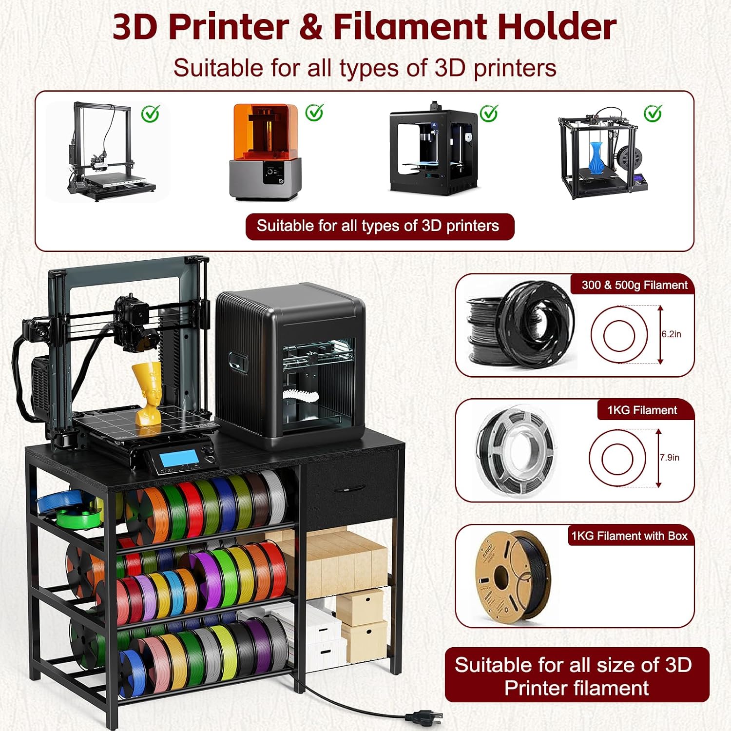 3D Printer Stand with Filament Storage Rack, Black 3D Printer Table with Power Outlet, 3-Tier Filament Holder with Drawer, 3D Printer Filament Stand Organized for Office Workshop Studio