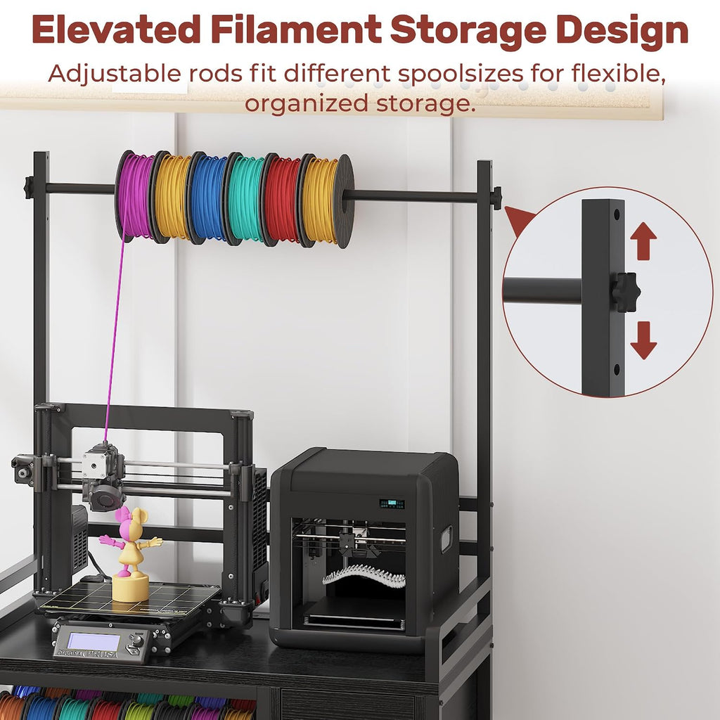 3D Printer Stand with Filament Storage – Tall 66' Heavy Duty Metal 3D Printer Table with Power Hub, Drawer & X-Bracket Stability for Workshop, Studio, Office