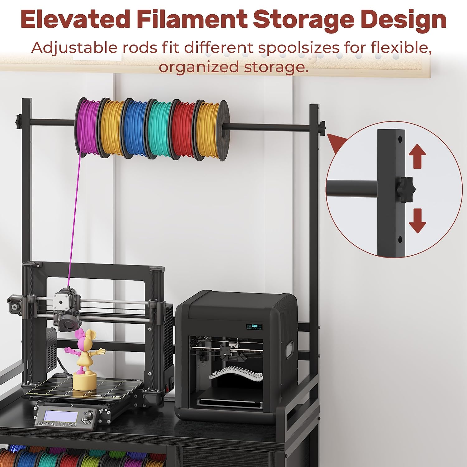 3D Printer Stand with Filament Storage – Tall 66' Heavy Duty Metal 3D Printer Table with Power Hub, Drawer & X-Bracket Stability for Workshop, Studio, Office