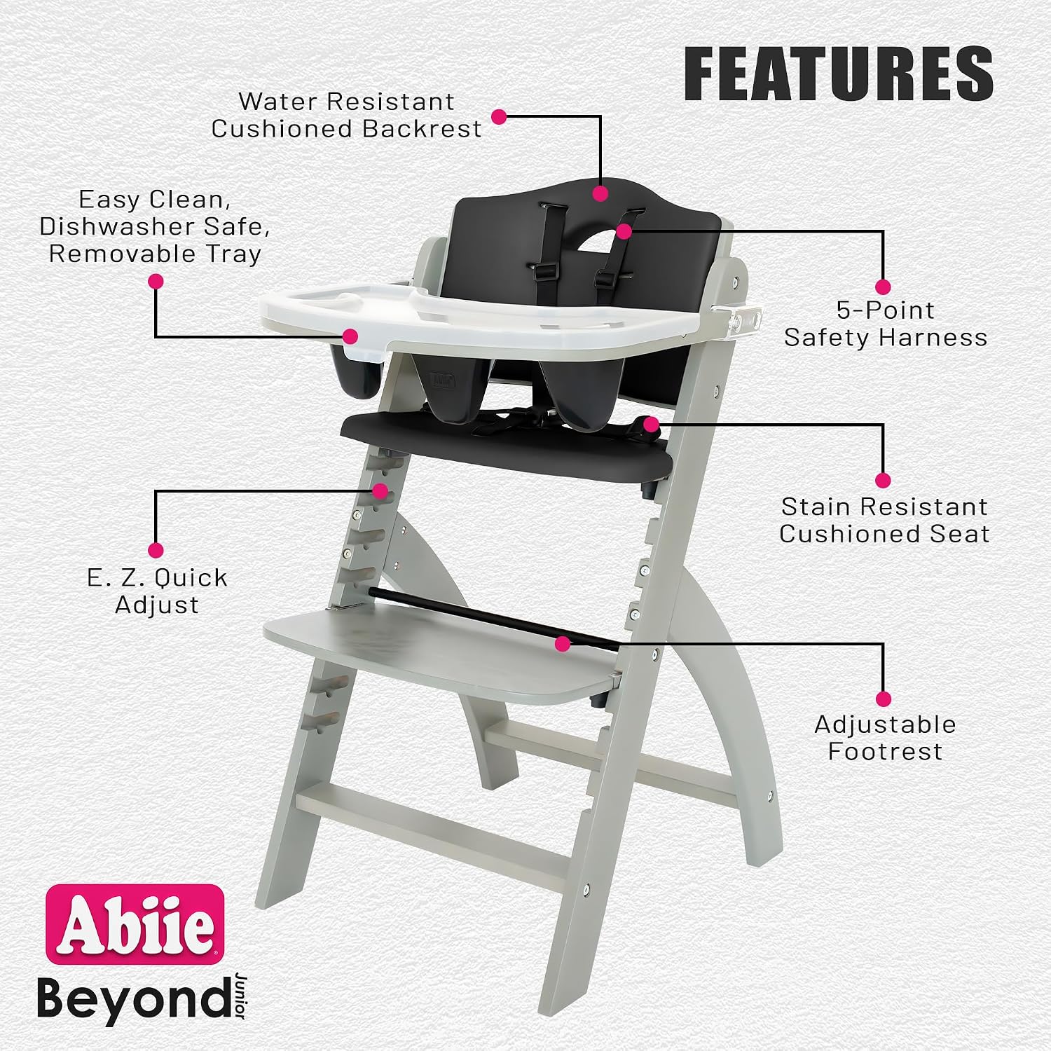 Abiie Beyond Junior Wooden High Chair for Babies and Toddlers - Convertible 3-in-1 Baby Highchair with Removable Tray - 6 Months to 250 Lb - Water Resistant - Misty Grey Wood with Black Pearl Cushion