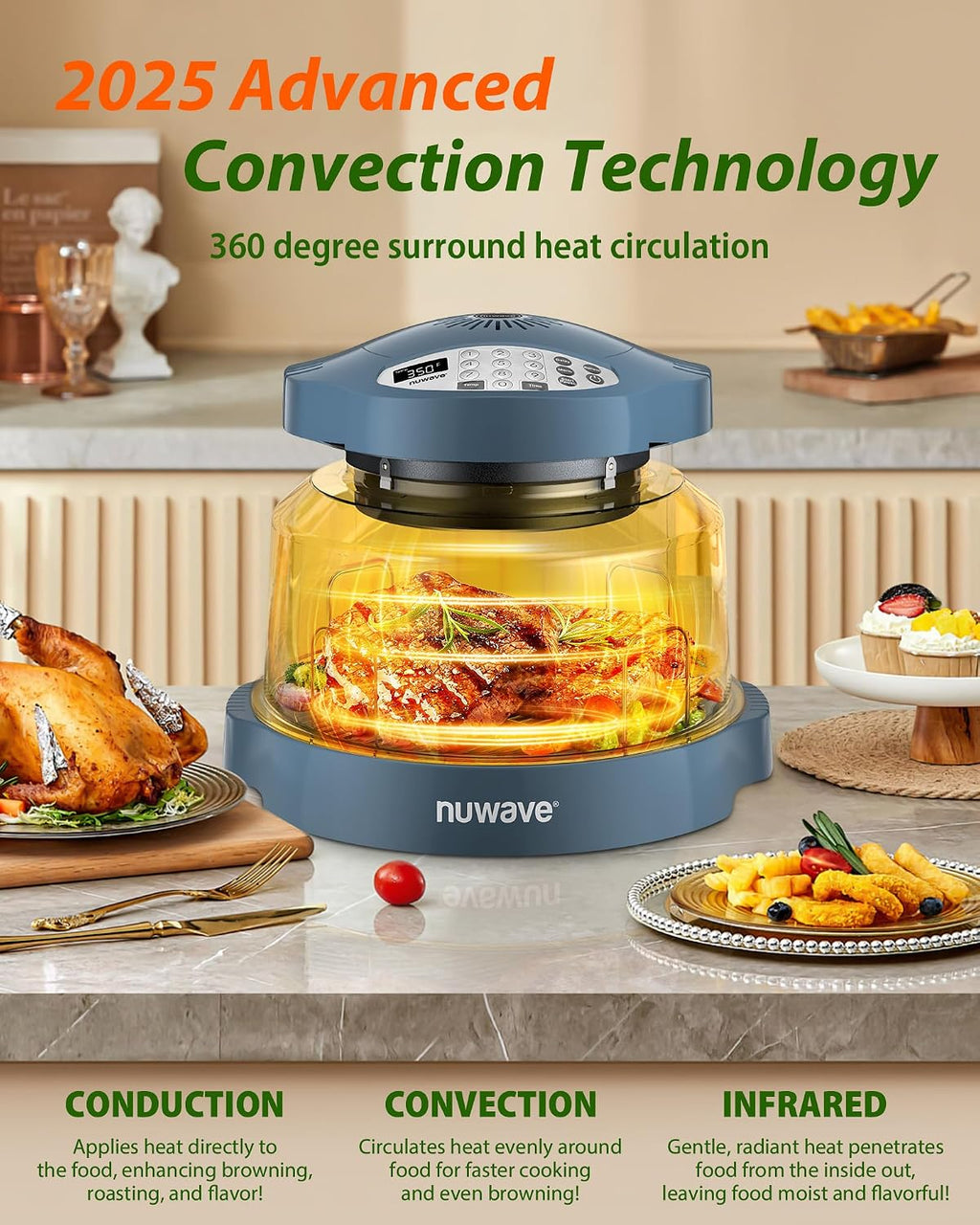Nuwave Oven Pro Plus Air Fryer, Infra-Red Countertop, 2025 Advanced Convection, No Defrosting or Preheating, Cook Fresh or Frozen, Durable Power Dome, 100 Presets & 50 Memory, PFAS Free, Cozy Blue