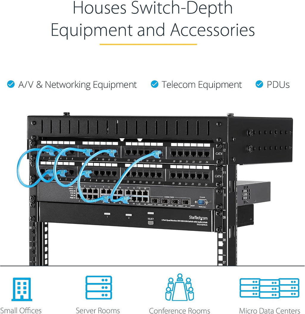 StarTech.com 8U 19' Wall Mount Network Rack - Adjustable Depth 12-20' 2 Post Open Frame Server Room Rack for AV/Data/ IT Communication/Computer Equipment/Switch w/Cage Nuts & Screws (RK812WALLOA)