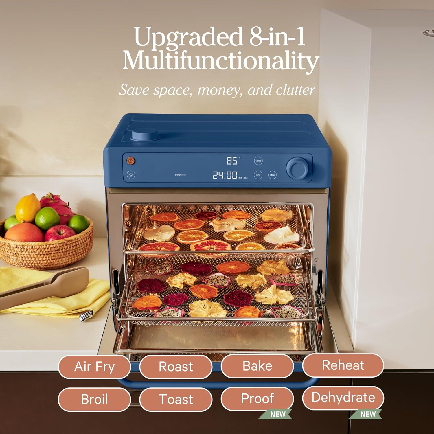 Our Place Wonder Oven Pro | 8-in-1 Digital Air Fryer & Countertop Oven with Basket, Rack, Pan & Tray | 3-Rack, 32 QT - Air Fry, Toast, Roast, Bake, Reheat, Broil, Proof & Dehydrate | Blue Salt