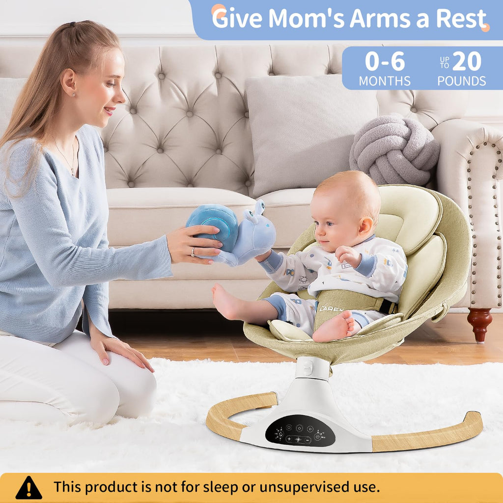 LAREX Baby Swing Infant Swing Electric Toddler Baby Rocker Portable for Newborn Boy Girl, 5 Sway Speeds with Remote Control, 10 Preset Melodies and Bluetooth, 0-6 Months Max 20 Lbs (Khaki)