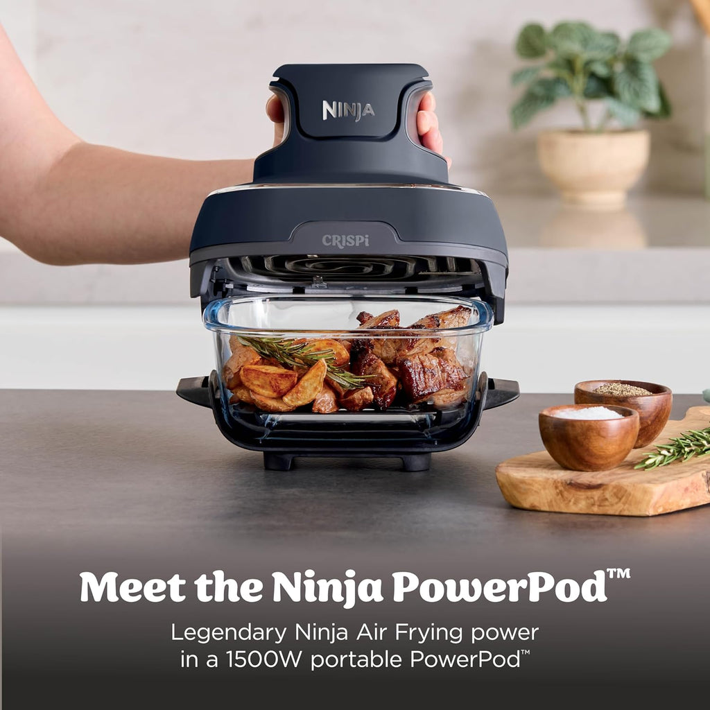 Ninja Crispi Air Fryer, Microwave, Freezer & Dishwasher Safe, Non Toxic Glass Portable Cooking System, 4 QT & 6 Cup Glass Containers with Storage Lids, Easy Meals, Air Fry, Bake, Grey (Renewed)
