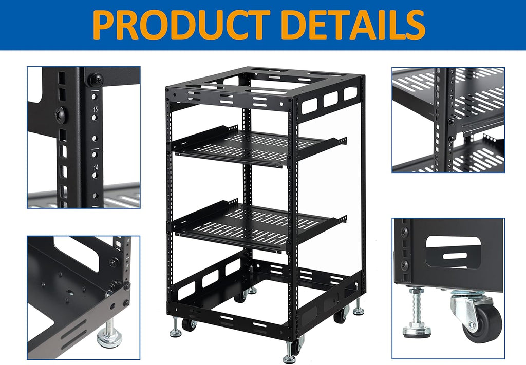 15U Open Frame Rack for Servers & AV Gear - Wall Mountable Design Includes 2X Vented Shelves, 4X Leveling Feet, 4X Casters