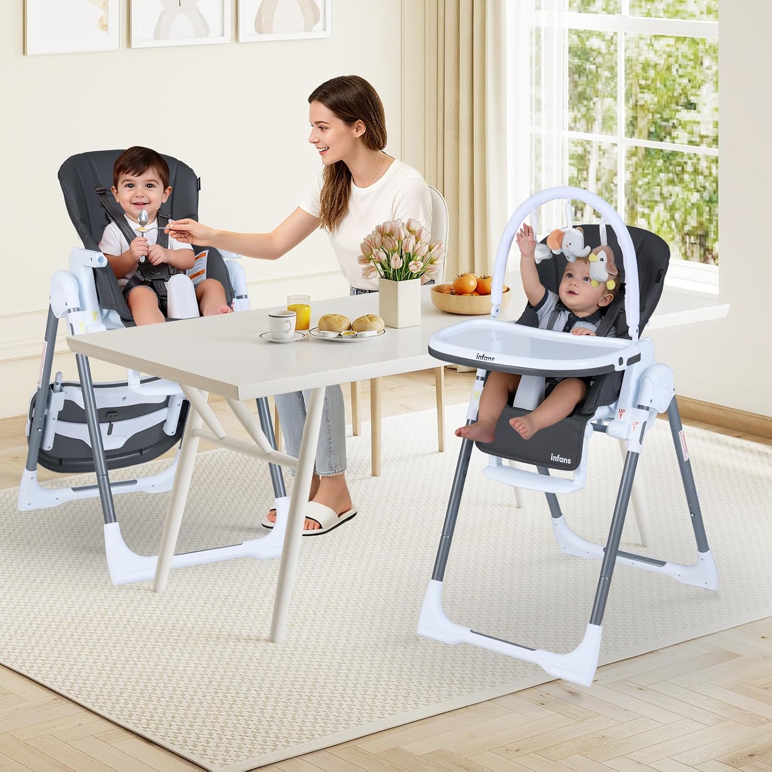 INFANS High Chair for Babies and Toddlers, Foldable Highchair with 7 Different Heights 4 Reclining Backrest Seat 3 Setting Footrest, Removable Tray Built-in Rear Wheels with Locks