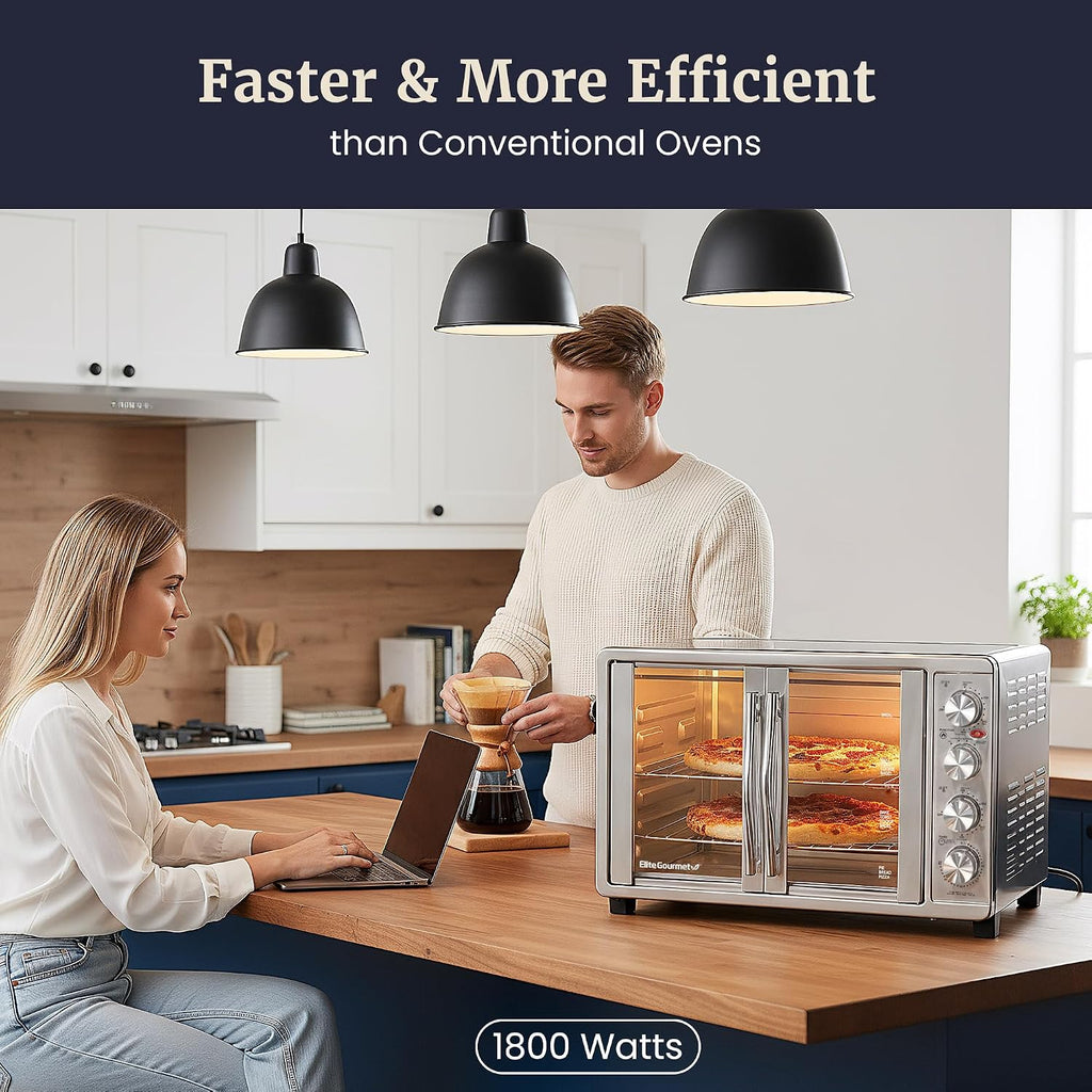 Elite Gourmet ETO-4510M French Door 47.5Qt, 18-Slice Convection Oven 4-Control Knobs, Bake Broil Toast Rotisserie Keep Warm, Includes 2 x 12' Pizza Racks, Stainless Steel
