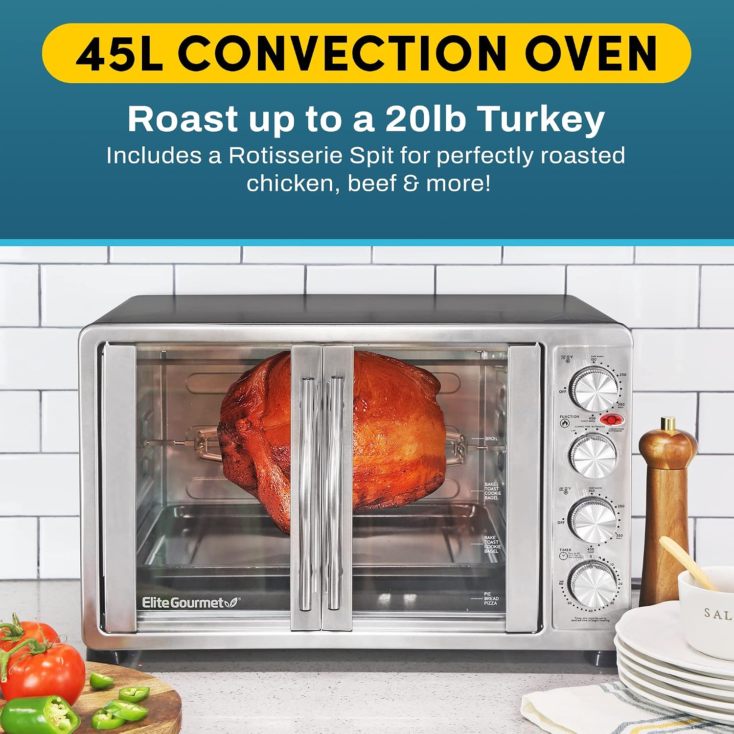 Elite Gourmet ETO4510MX French Door 47.5Qt, 18-Slice Convection Oven 4-Control Knobs, Bake Broil Toast Rotisserie Keep Warm, Includes 2 x 14' Pizza Racks, Stainless Steel