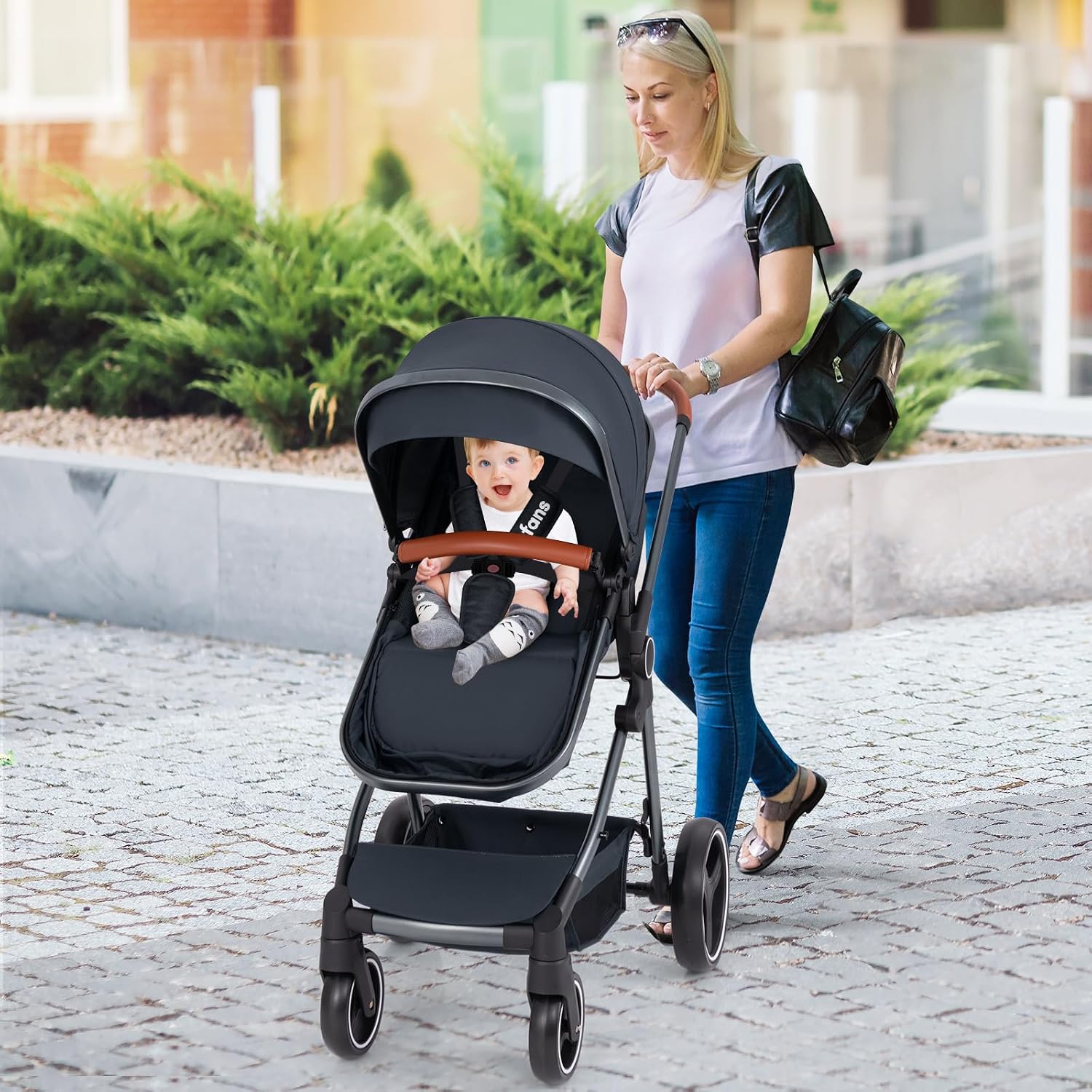 INFANS 2 in 1 Baby Stroller, Newborn Convertible Stroller Bassinet for Infant, Foldable High Landscape Shock Absorption with Reversible Seat, Aluminum Structure for Toddler Pushchair 0-36 Month