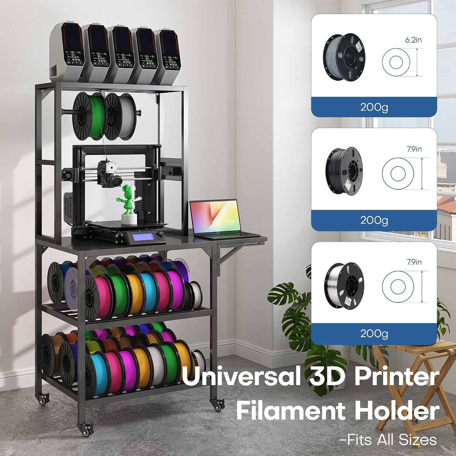 3D Printer Stand with Filaments Storage, 3D Printer Table Filament Storage Rack with Power Outlets Heavy Duty Printer Cart Desk for Workshop Studio Office