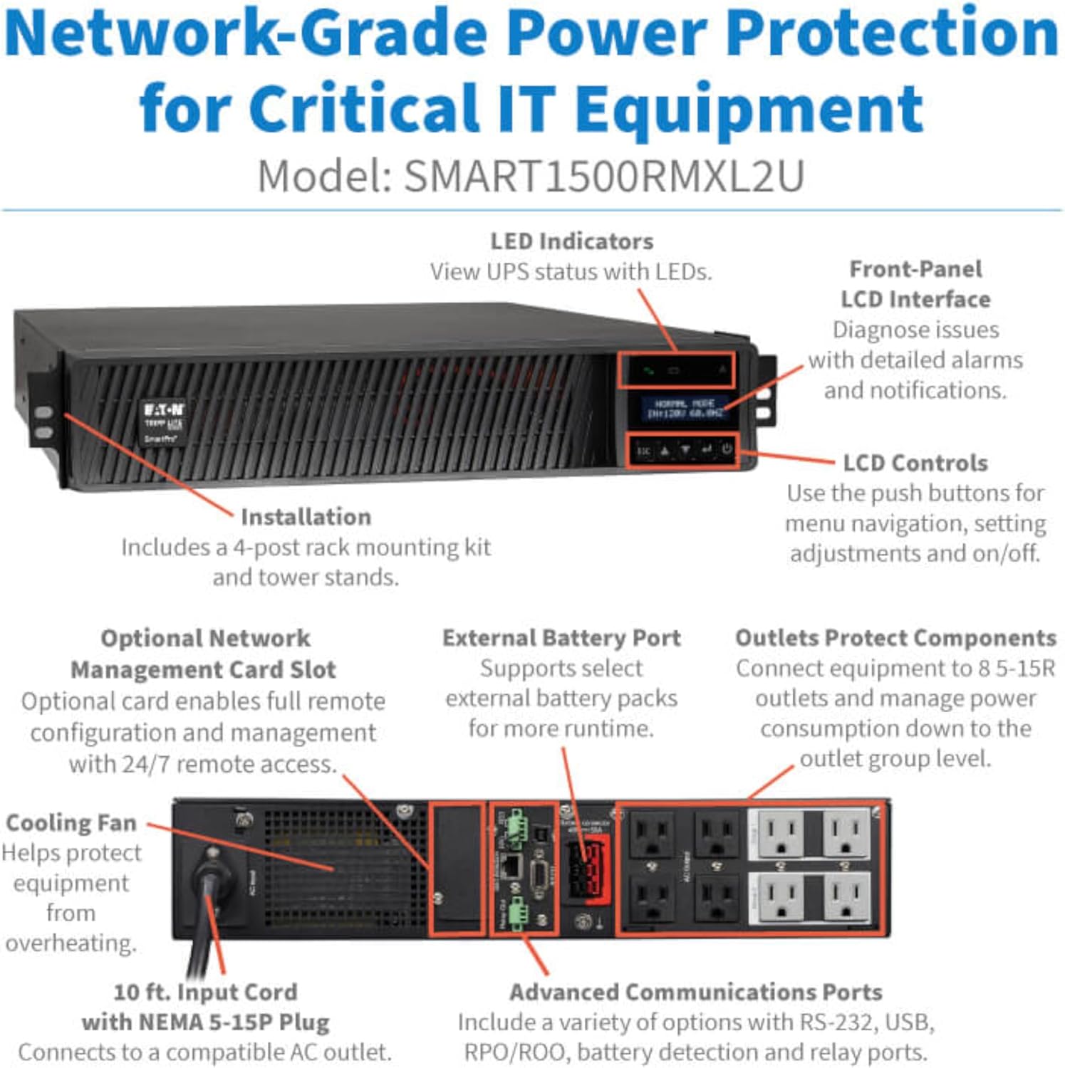 Eaton Tripp Lite Series SMART1500RMXL2U 1500VA Rack Mount UPS Battery Backup, Pure Sine Wave, 1440W, Extended Run & Network Card Option, 8 Outlets, 120V, AVR, Uninterruptible Power Supply
