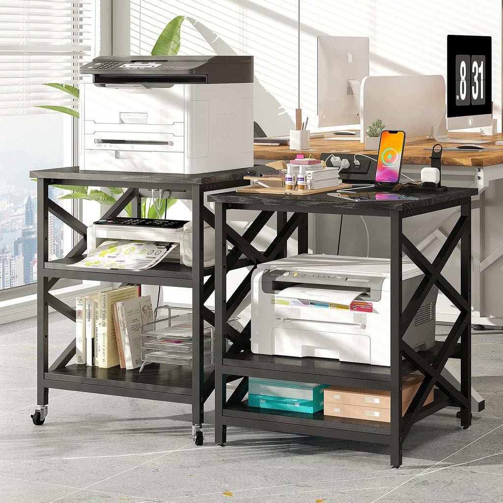 METYERRY Large Printer Stand with Power Outlet, with Height Adjustable Storage Shelf, 3 Tier Rolling Printer Cart with Industrial Wheels, 23.6 x 23.6 Inches Printer Table for Home Office,Black